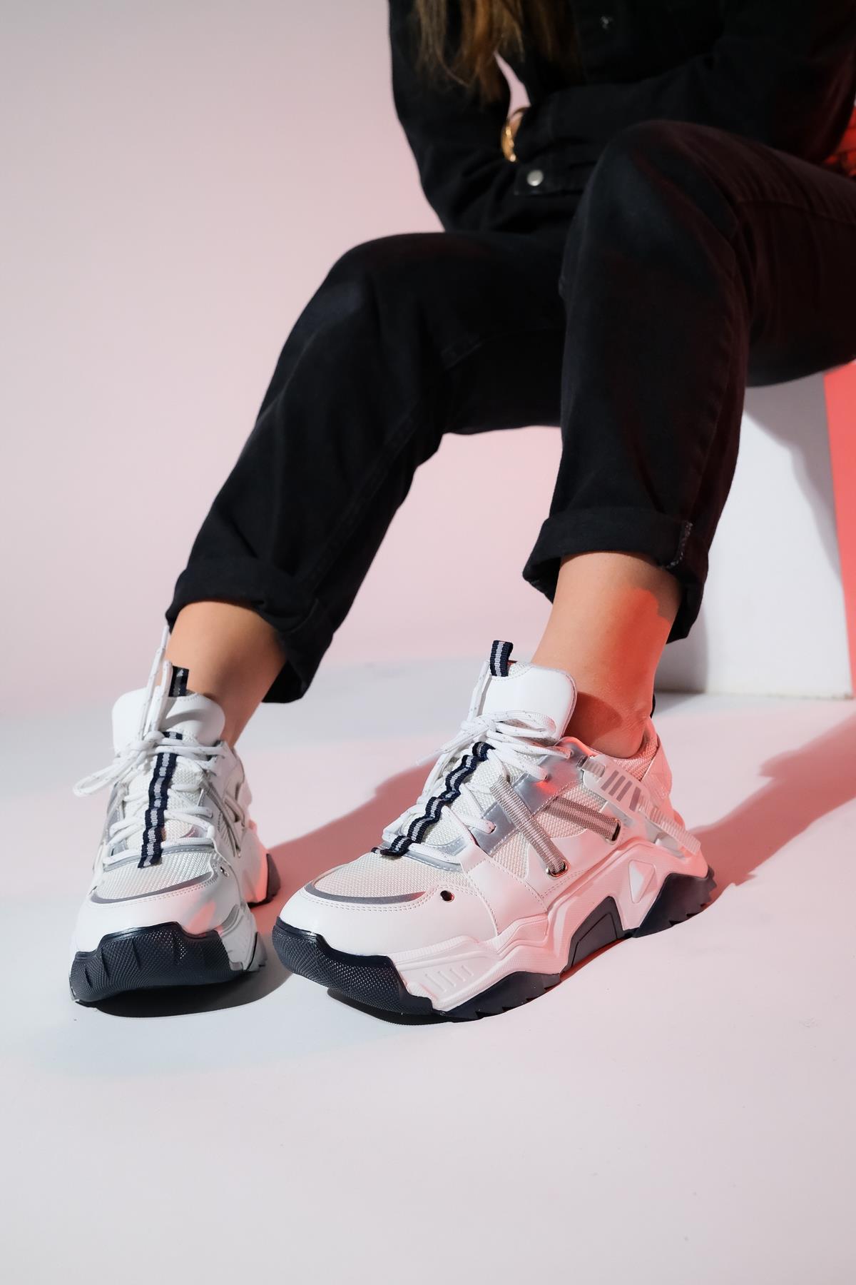 Maggie - White-Navy Sport Sneaker – side view showing leather, white, Vowalisse