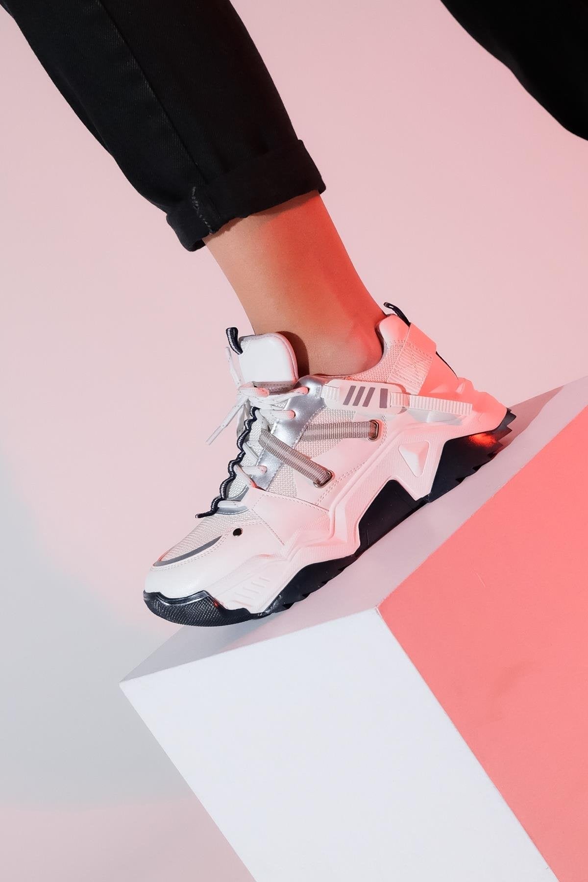 Maggie - White-Navy Sport Sneaker – detail view showing leather, white, Vowalisse