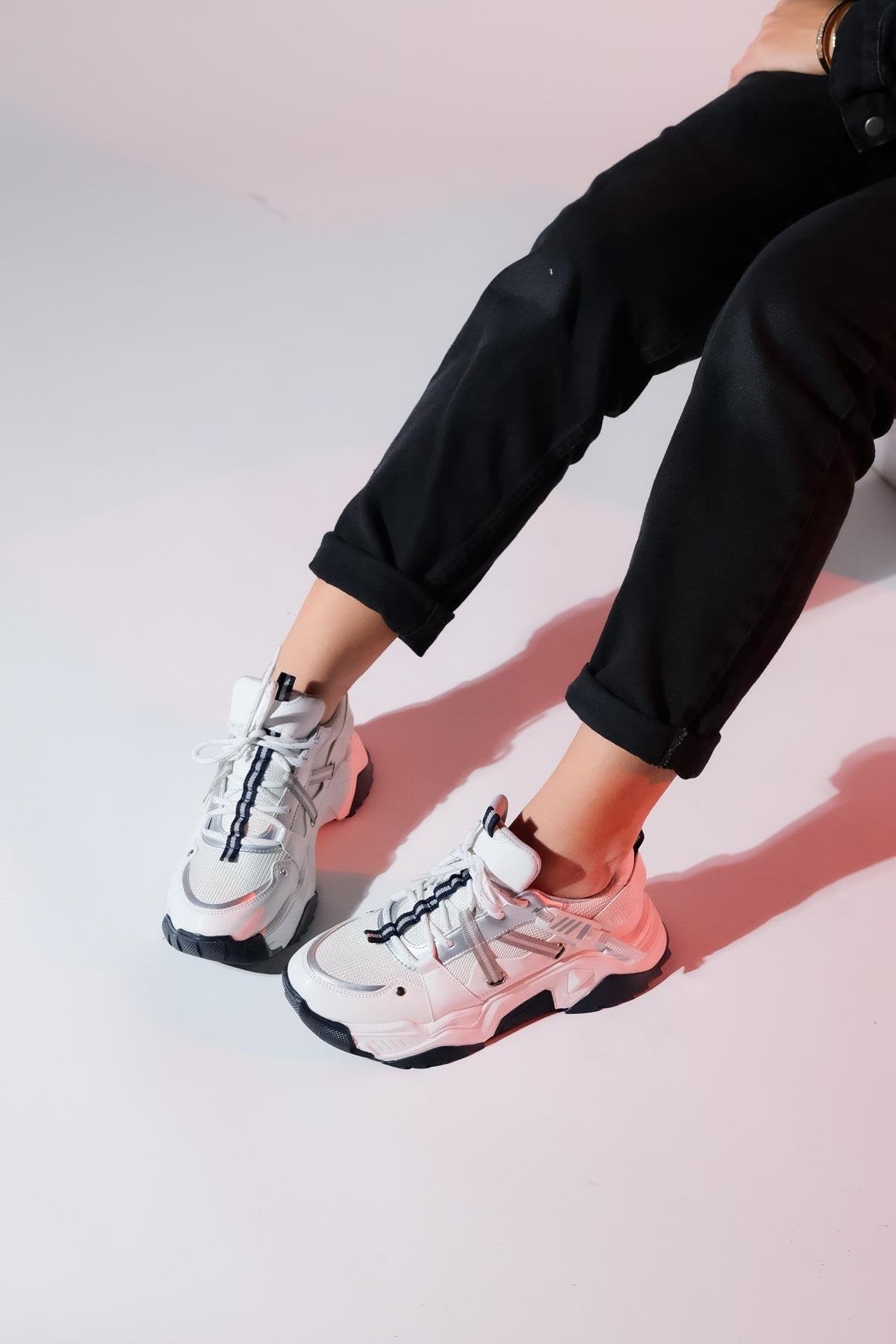 Maggie - White-Navy Sport Sneaker – top view showing leather, white, Vowalisse