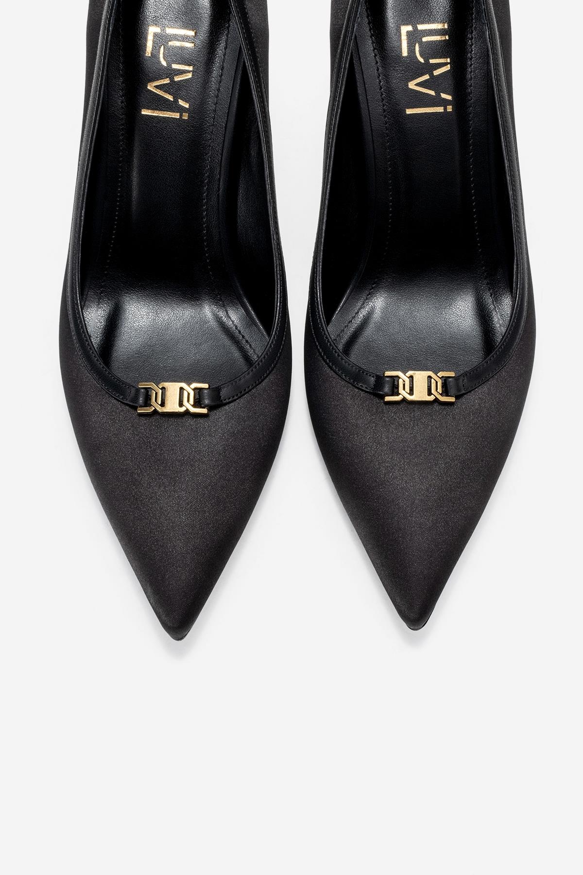 Milos - Black Satin Buckle High Heel – side view showing satin, leather, black, Vowalisse