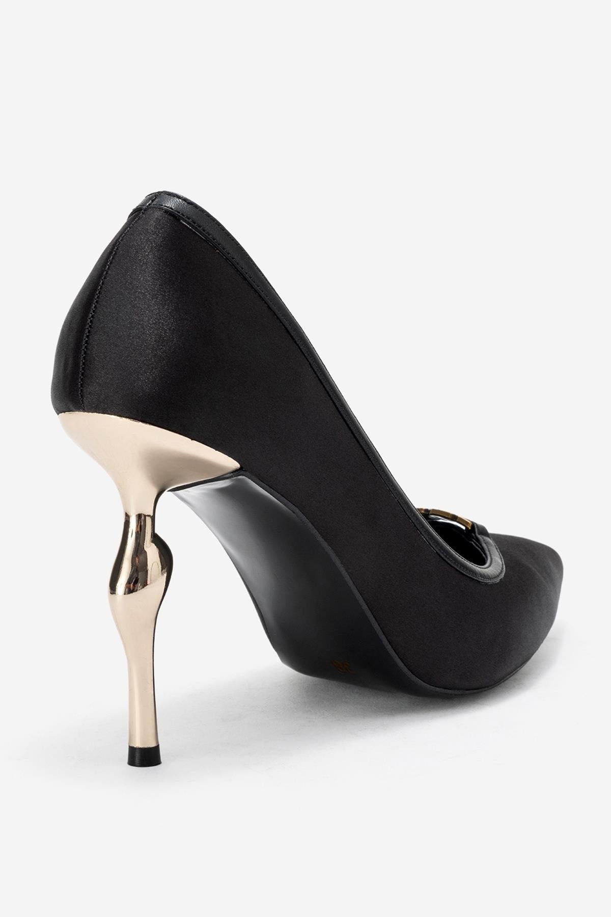 Milos - Black Satin Buckle High Heel – back view showing satin, leather, black, Vowalisse