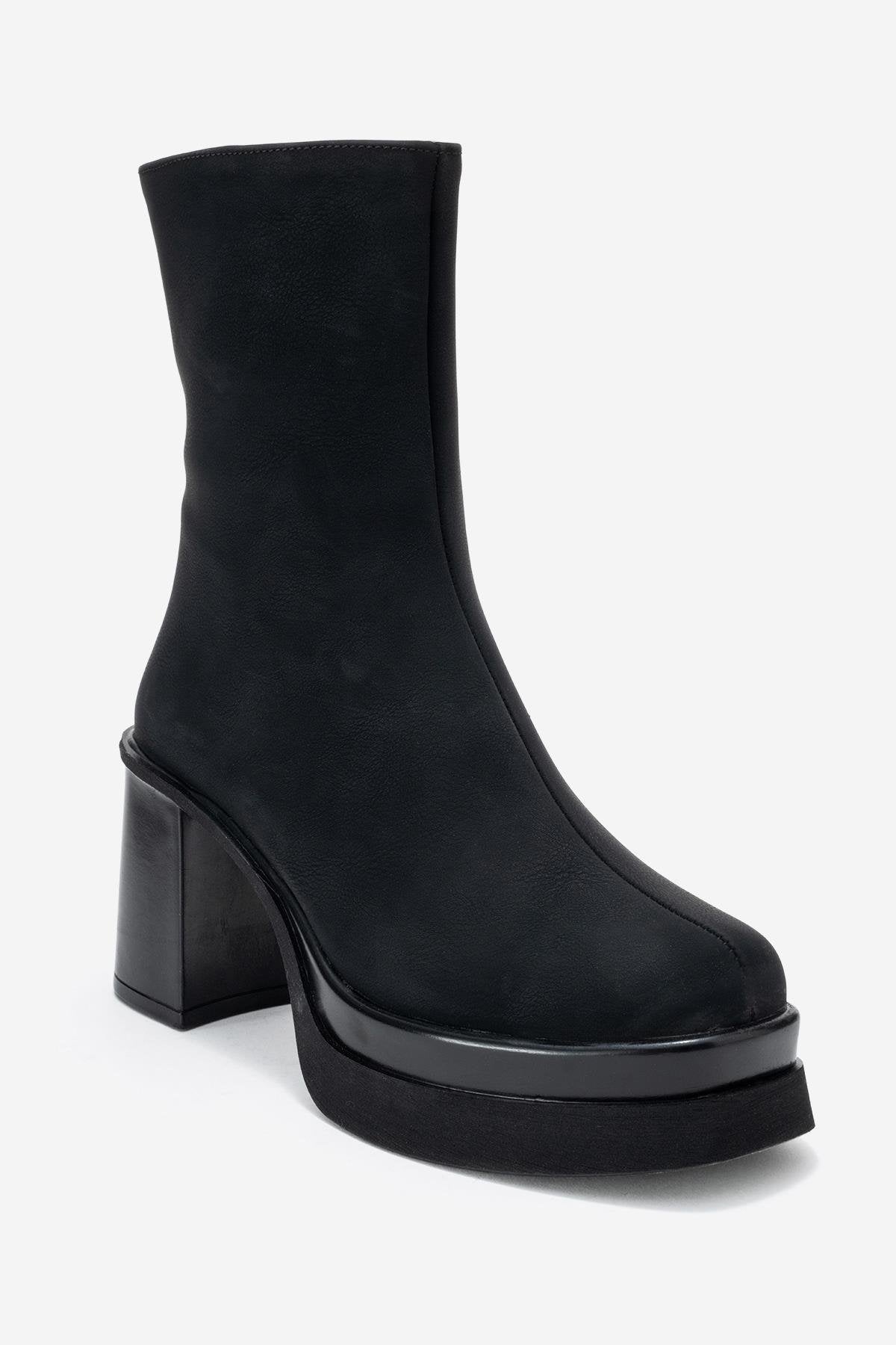 Valen - Black Platform Heel Boot – detail view showing leather, black, Vowalisse