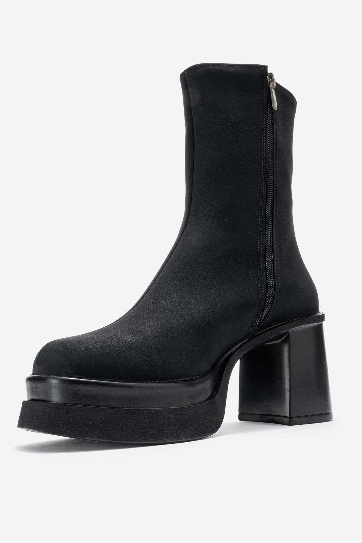 Valen - Black Platform Heel Boot – heel view showing leather, black, Vowalisse