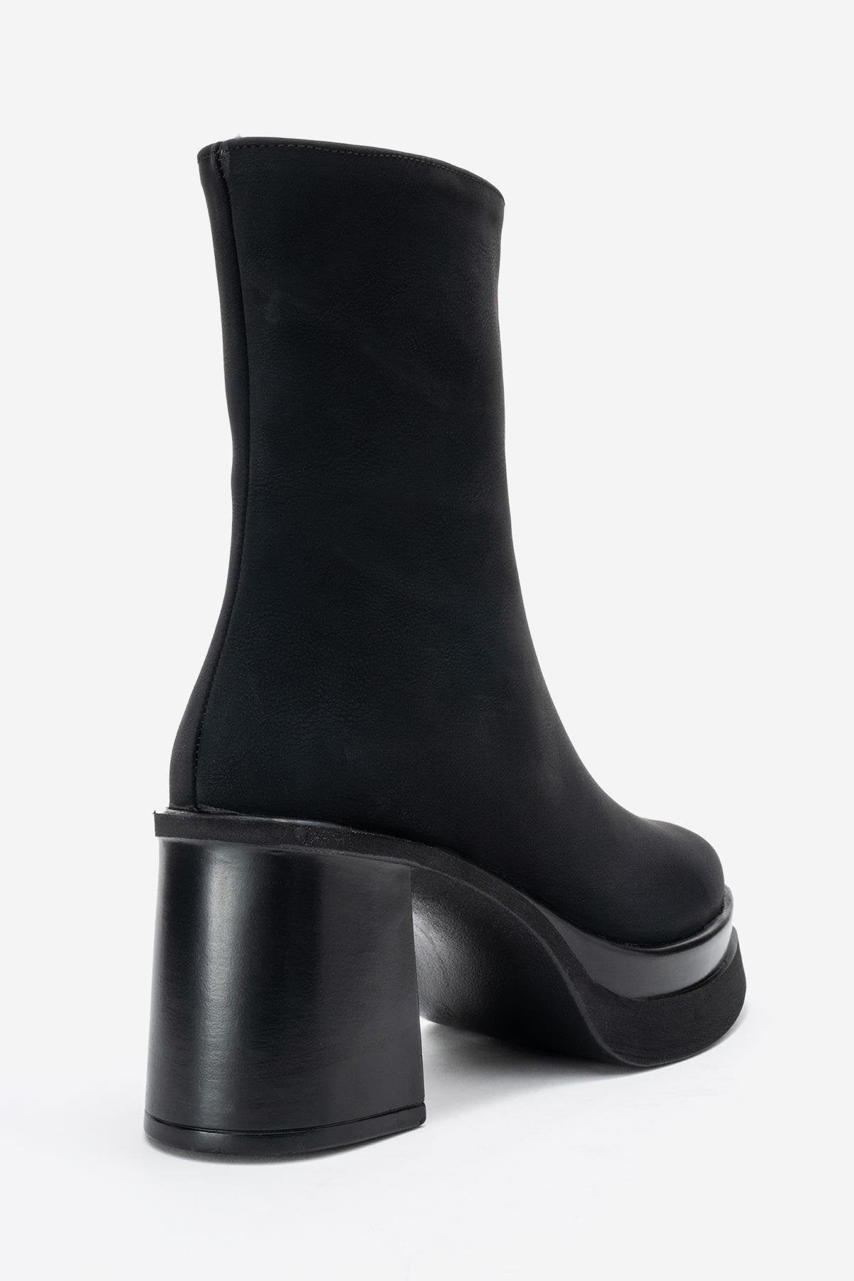 Valen - Black Platform Heel Boot – back view showing leather, black, Vowalisse