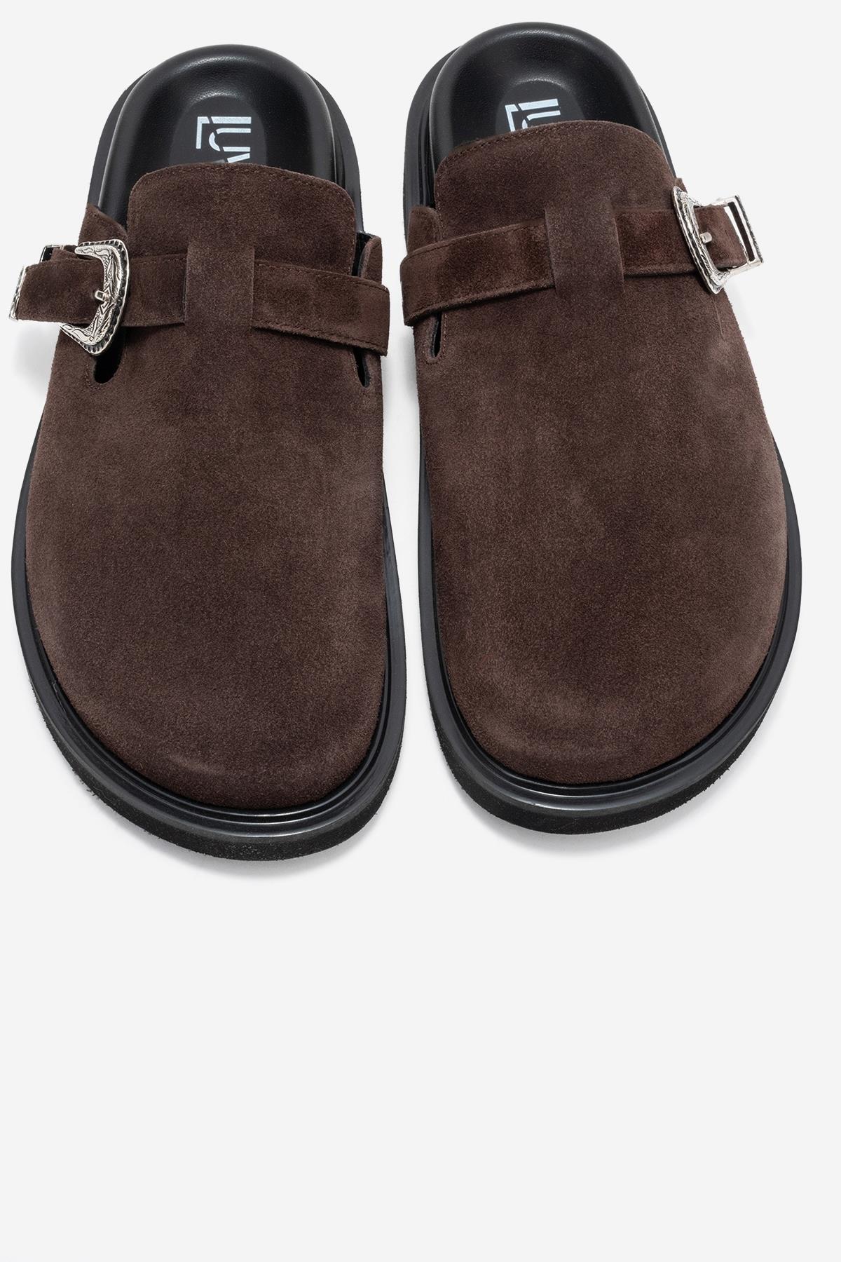 Vesta - Brown Buckle-Detail Genuine Leather Closed-Toe Mule – side view showing leather, Vowalisse