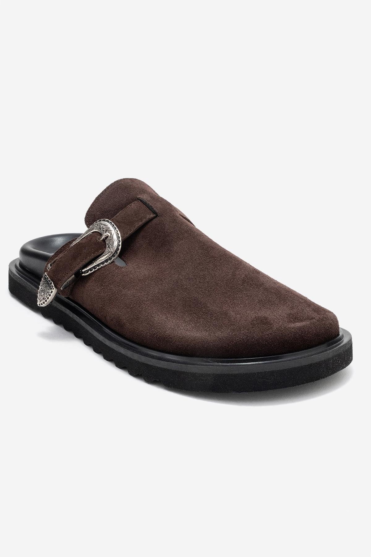 Vesta - Brown Buckle-Detail Genuine Leather Closed-Toe Mule – detail view showing leather, Vowalisse