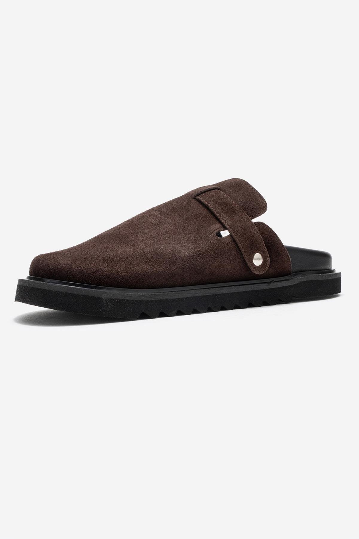 Vesta - Brown Buckle-Detail Genuine Leather Closed-Toe Mule – heel view showing leather, Vowalisse