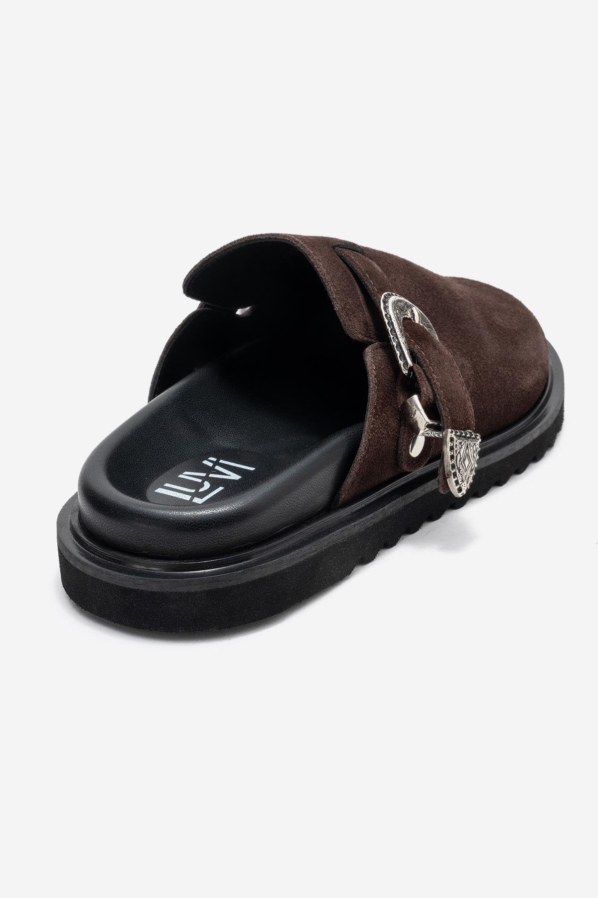 Vesta - Brown Buckle-Detail Genuine Leather Closed-Toe Mule – back view showing leather, Vowalisse