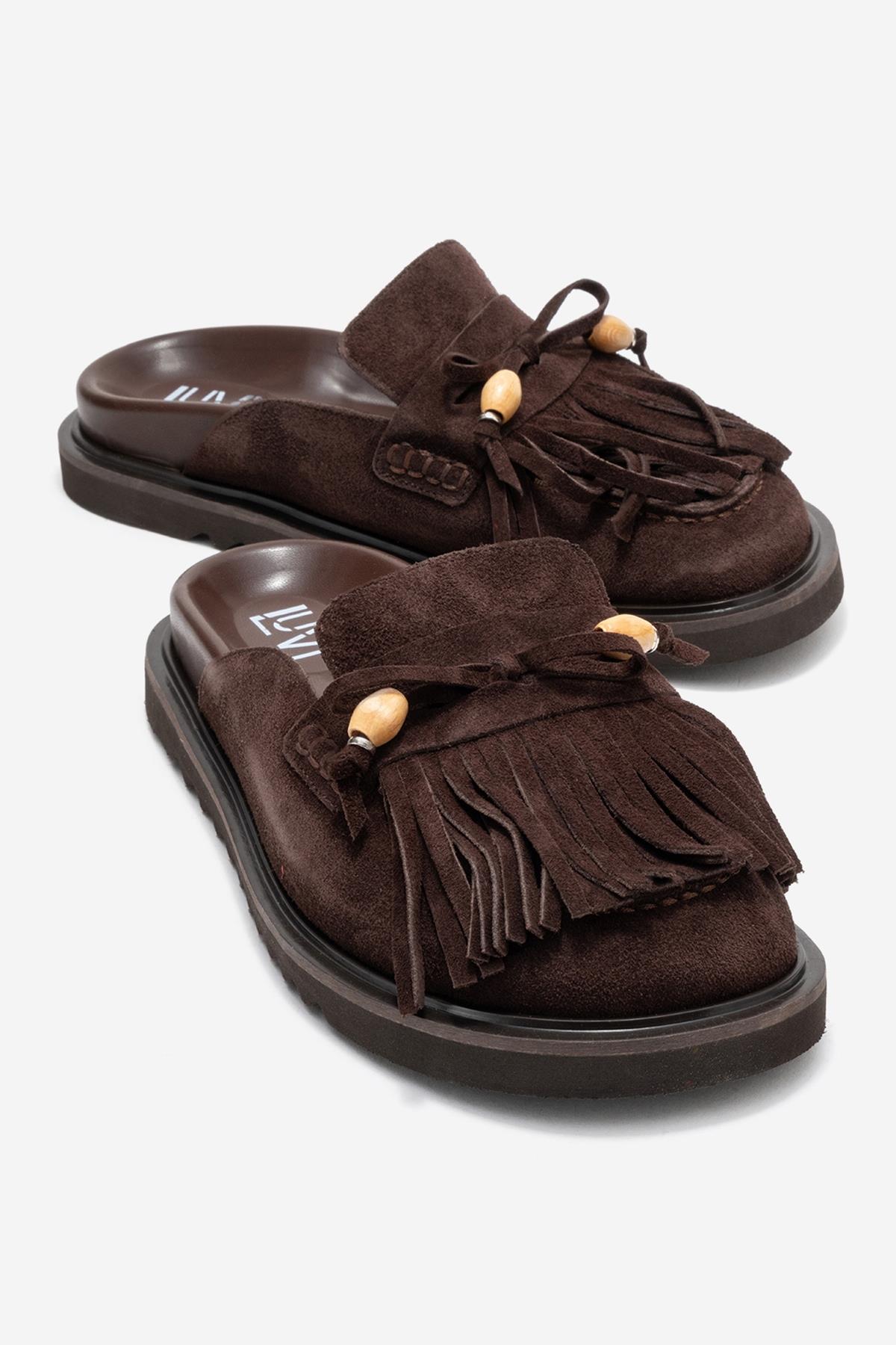 Carol - Brown Tassel-Detail Genuine Leather Closed-Toe Mule – front three-quarter view showing leather, Vowalisse