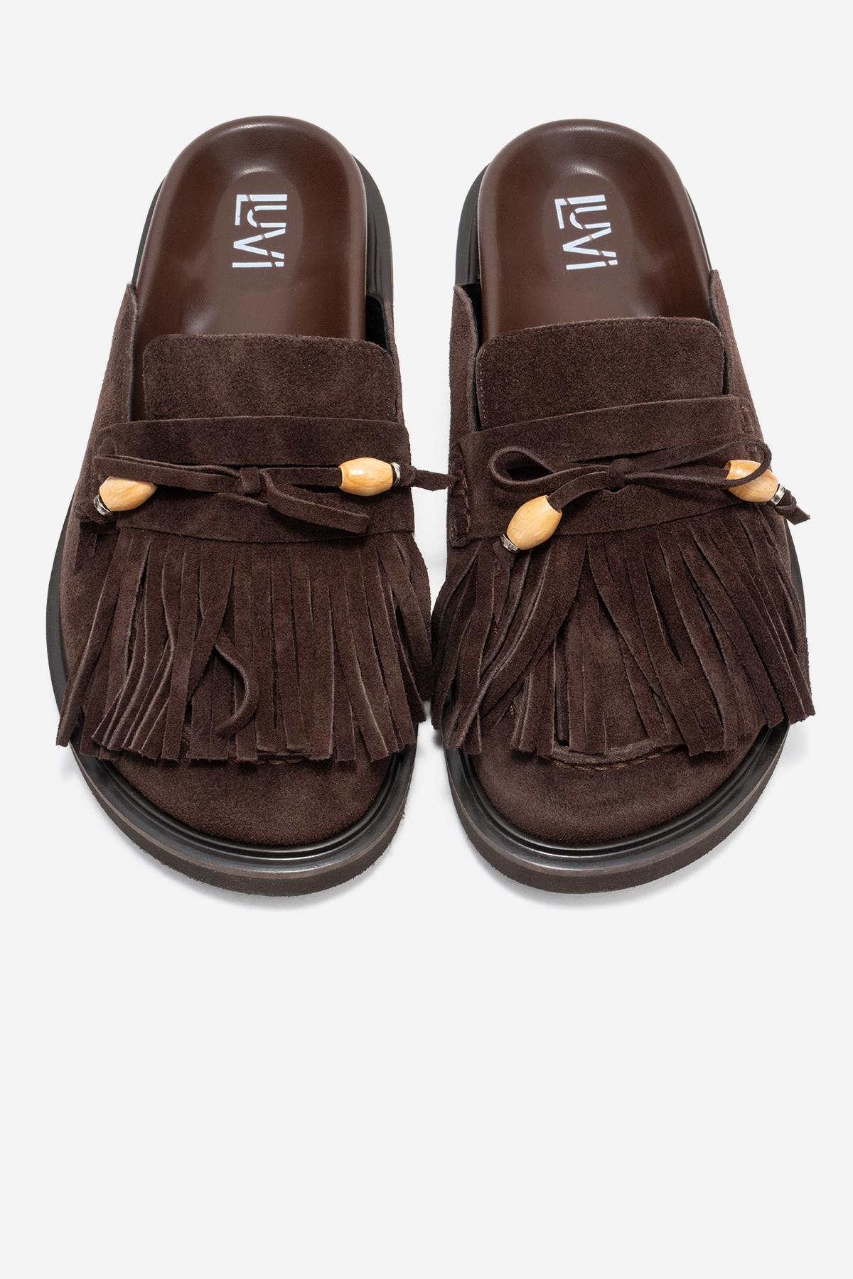 Carol - Brown Tassel-Detail Genuine Leather Closed-Toe Mule – side view showing leather, Vowalisse