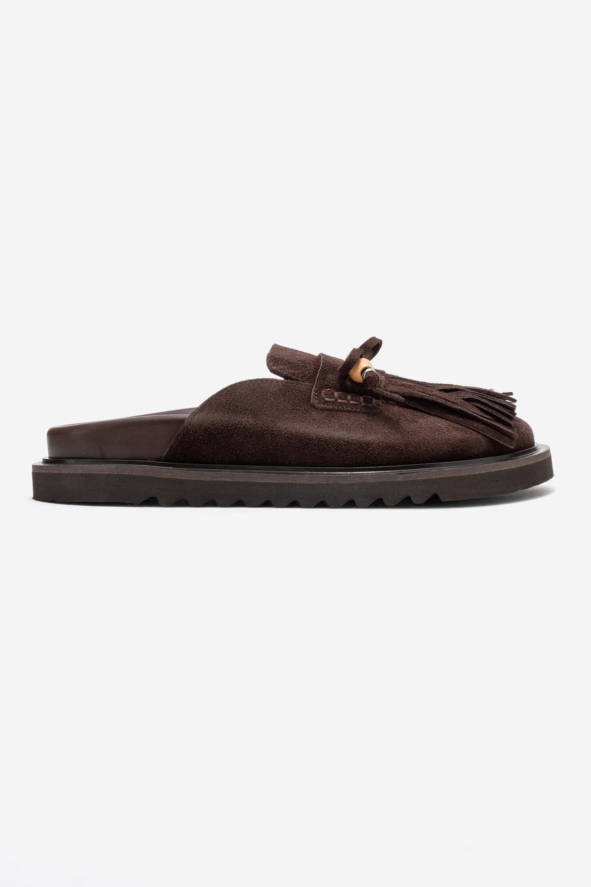 Carol - Brown Tassel-Detail Genuine Leather Closed-Toe Mule – top view showing leather, Vowalisse