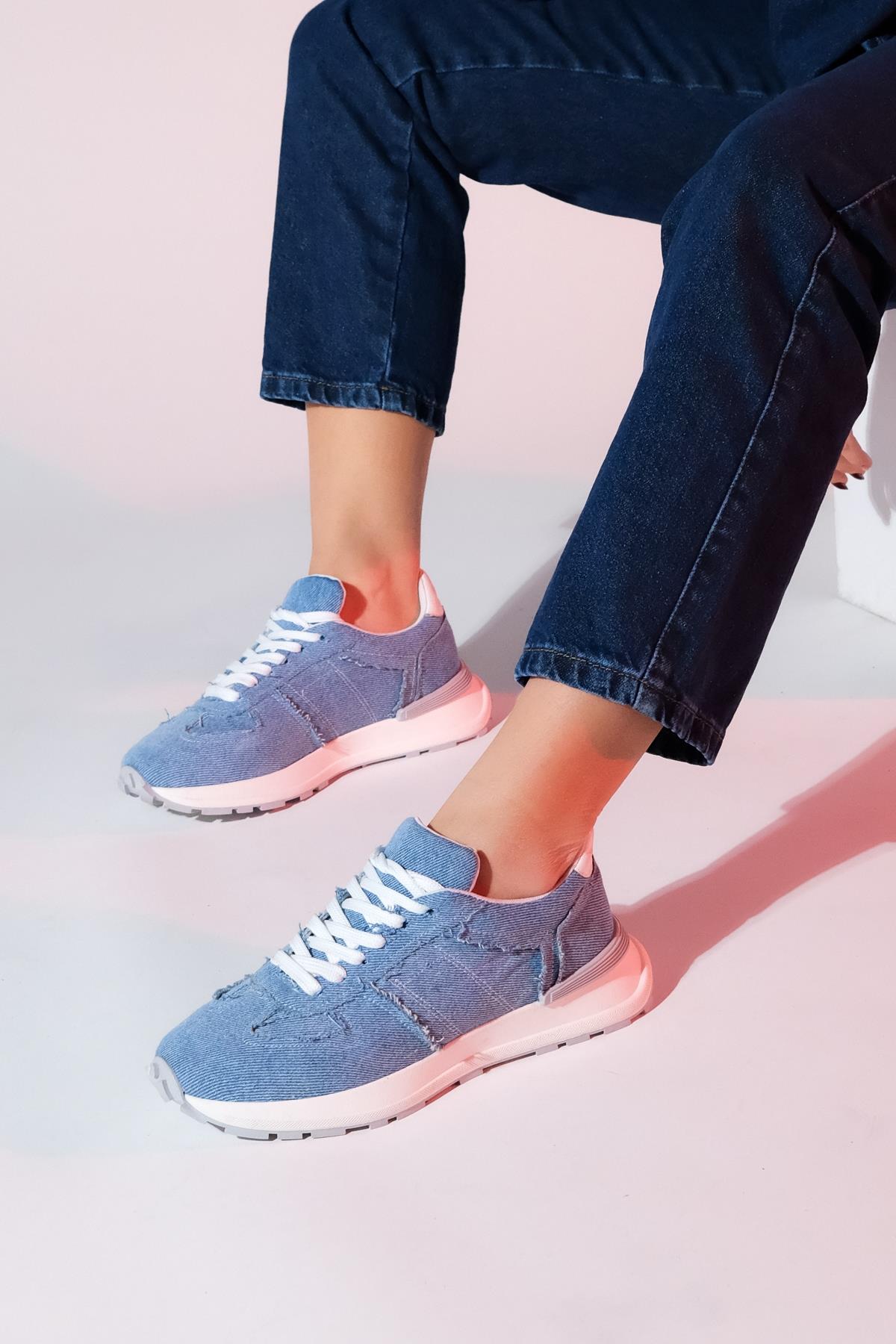 Rafael - Blue Denim Sport Sneaker – front three-quarter view showing leather, blue, red, Vowalisse
