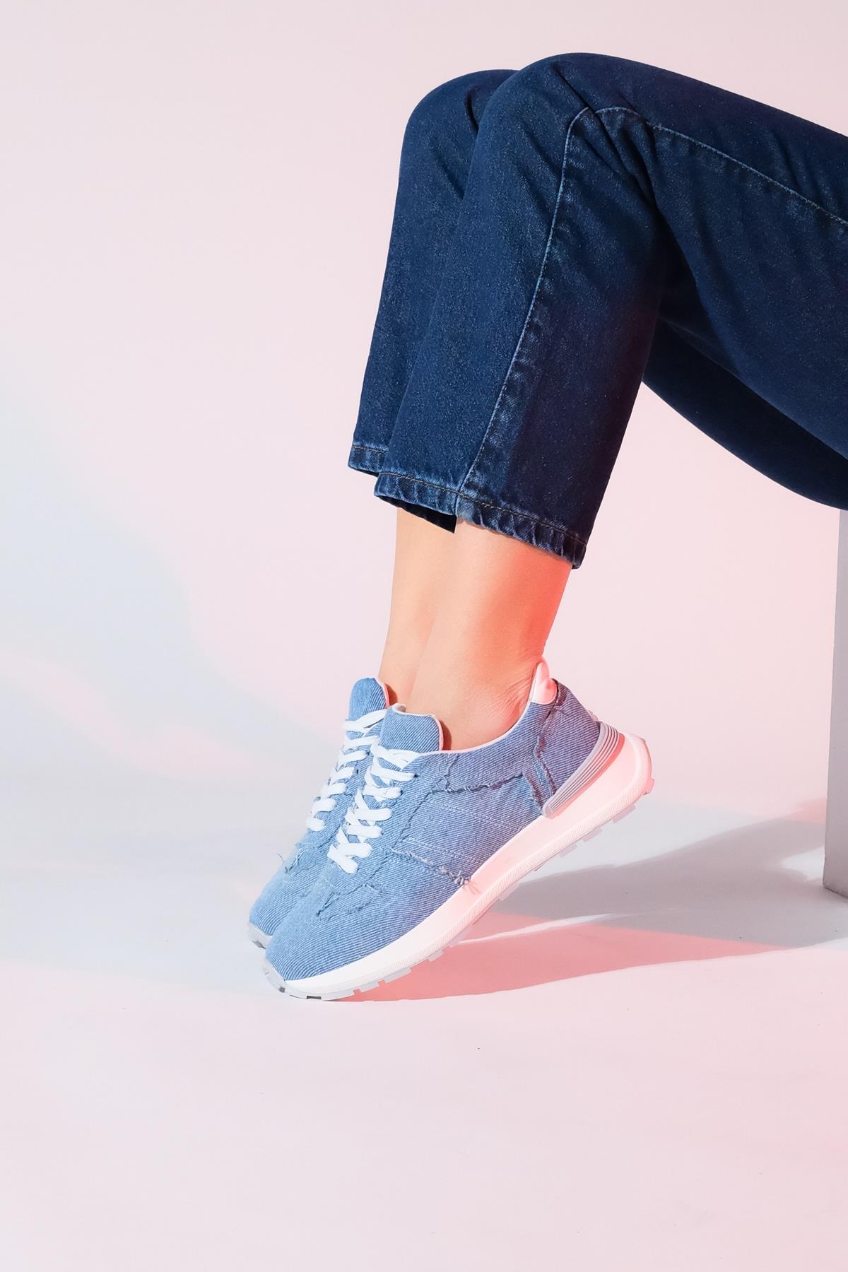Rafael - Blue Denim Sport Sneaker – detail view showing leather, blue, red, Vowalisse