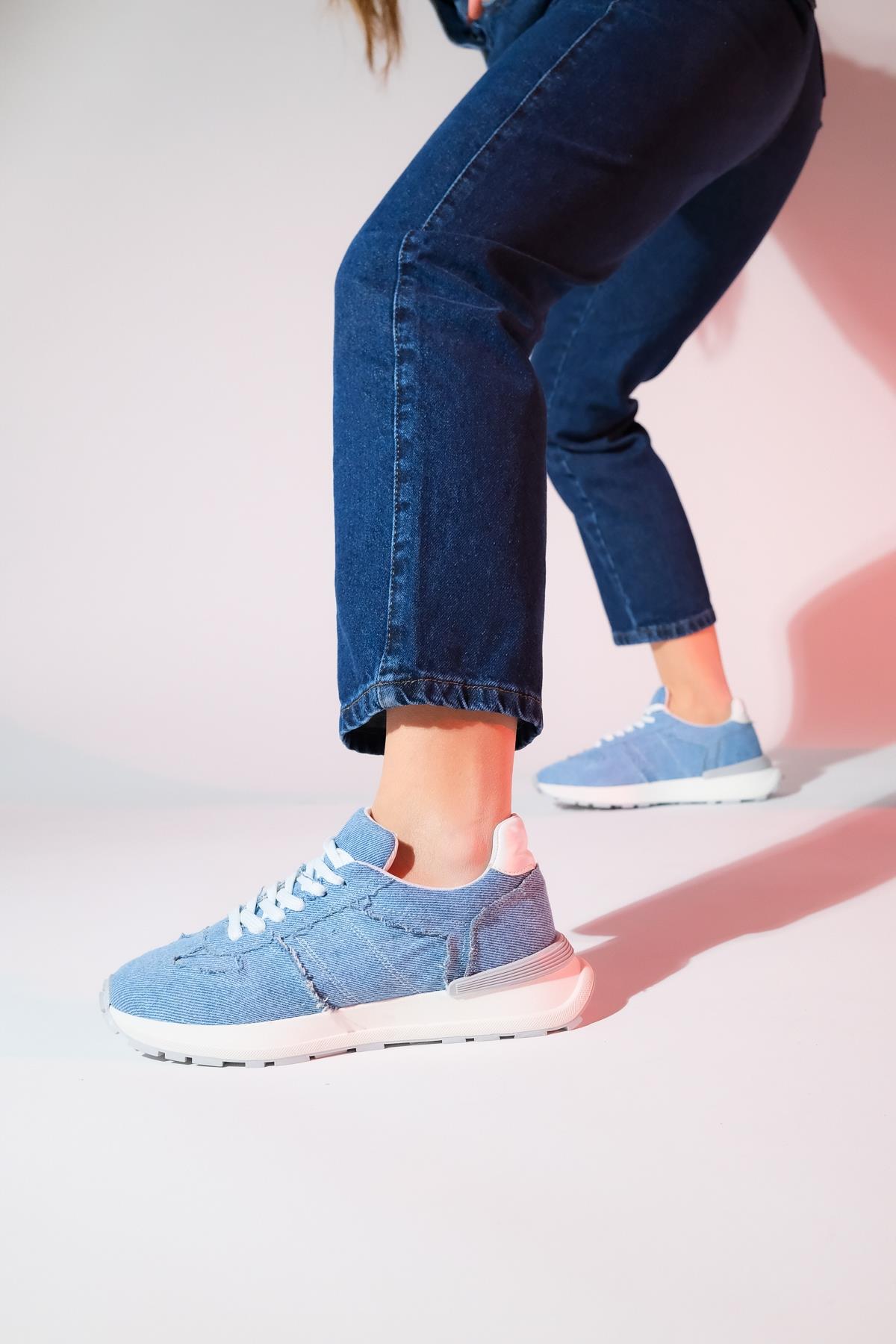 Rafael - Blue Denim Sport Sneaker – top view showing leather, blue, red, Vowalisse