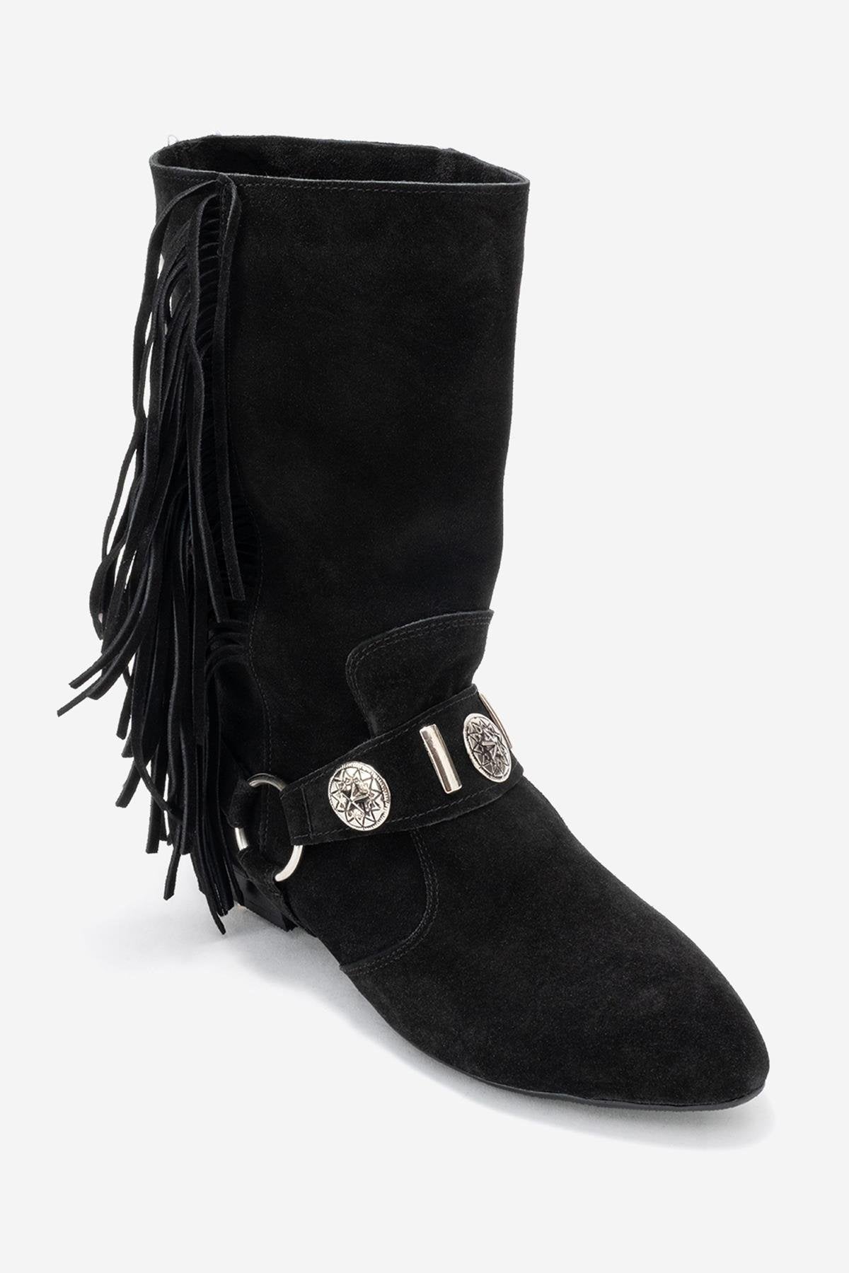 Selora - Black Genuine Leather Buckled Western Boot – detail view showing leather, suede, black, Vowalisse