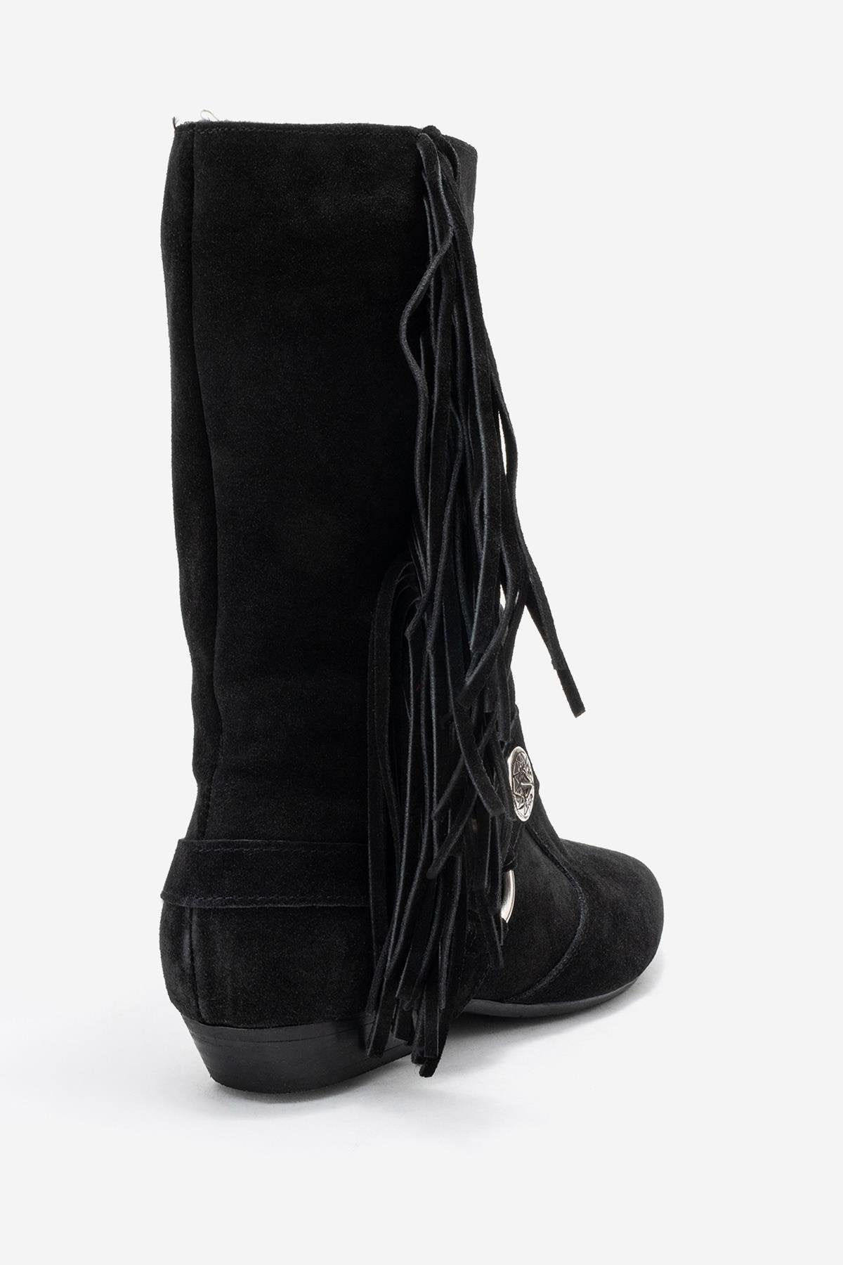 Selora - Black Genuine Leather Buckled Western Boot – back view showing leather, suede, black, Vowalisse