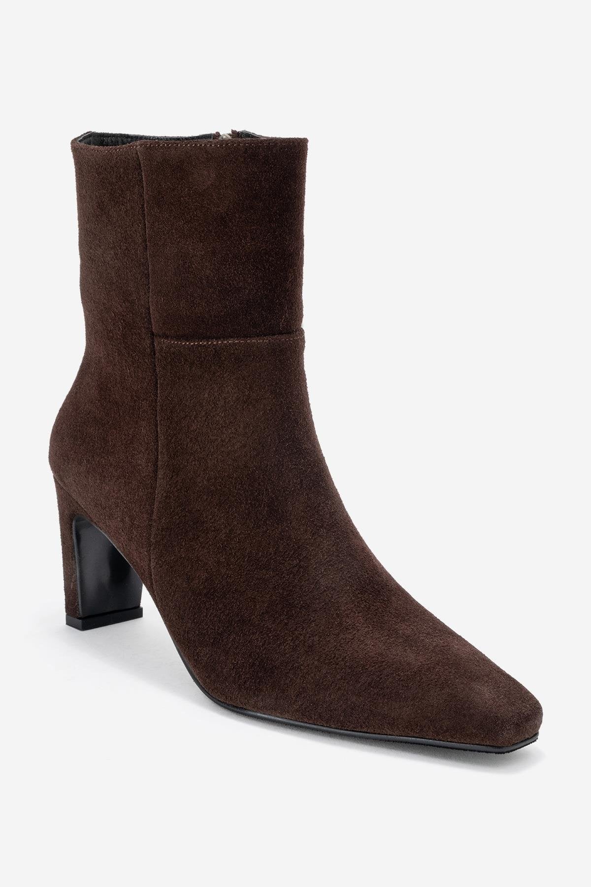 Kyoto - Brown Suede Genuine Leather Block Heel Boot – detail view showing leather, suede, Vowalisse