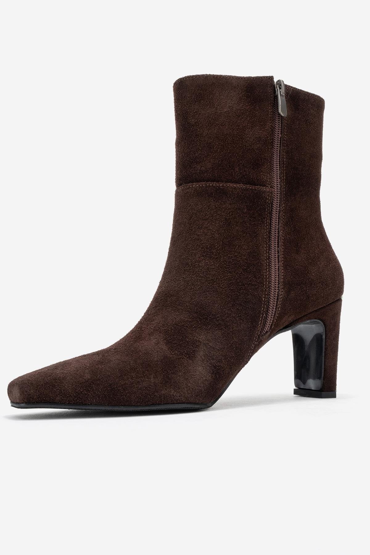 Kyoto - Brown Suede Genuine Leather Block Heel Boot – heel view showing leather, suede, Vowalisse
