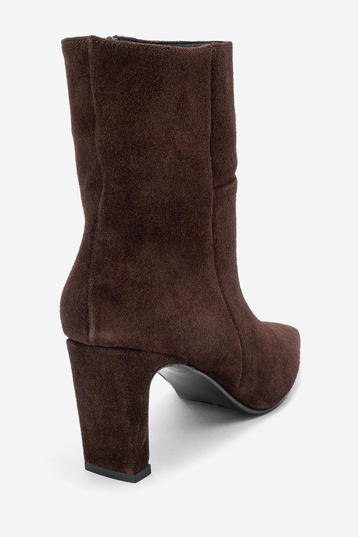 Kyoto - Brown Suede Genuine Leather Block Heel Boot – back view showing leather, suede, Vowalisse