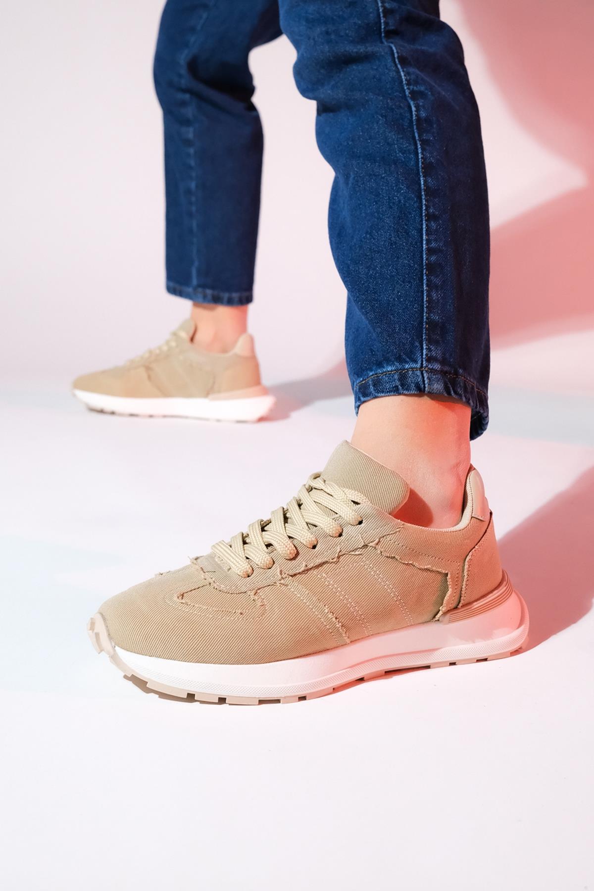 Rafael - Beige Denim Sport Sneaker – side view showing leather, red, Vowalisse