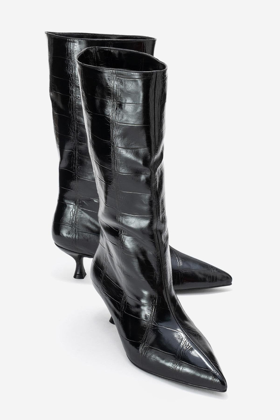 Crow - Black Embossed Pointed Toe Short Heeled Boot