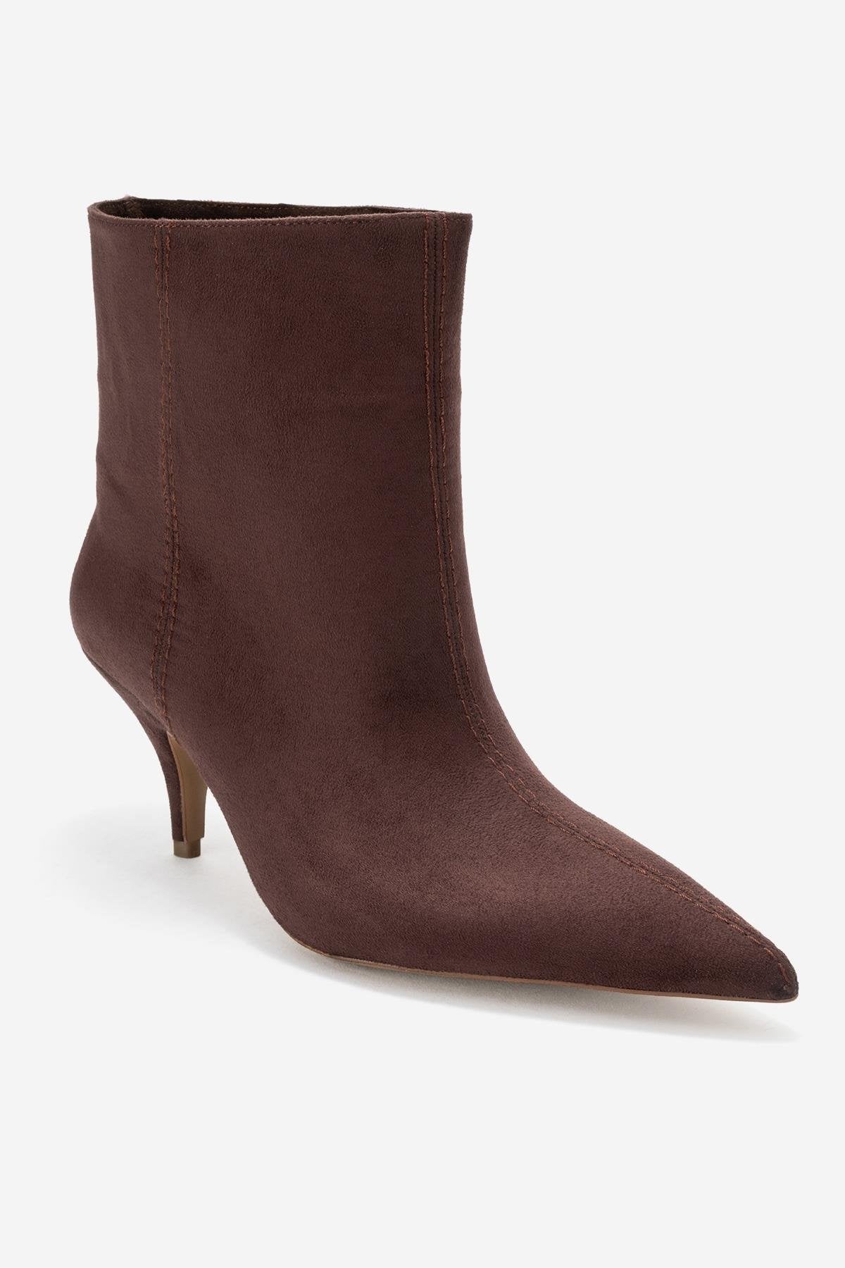 Brivelle - Brown Kitten Heel Pointed Toe Boot – detail view showing suede, Vowalisse