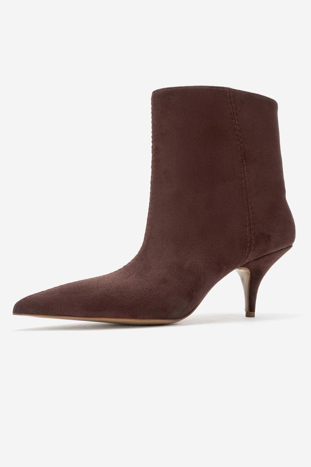 Brivelle - Brown Kitten Heel Pointed Toe Boot – heel view showing suede, Vowalisse