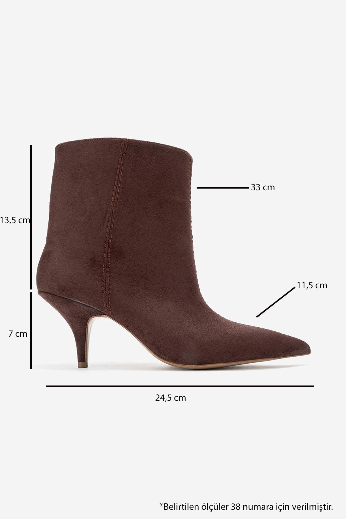 Brivelle - Brown Kitten Heel Pointed Toe Boot – top view showing suede, Vowalisse