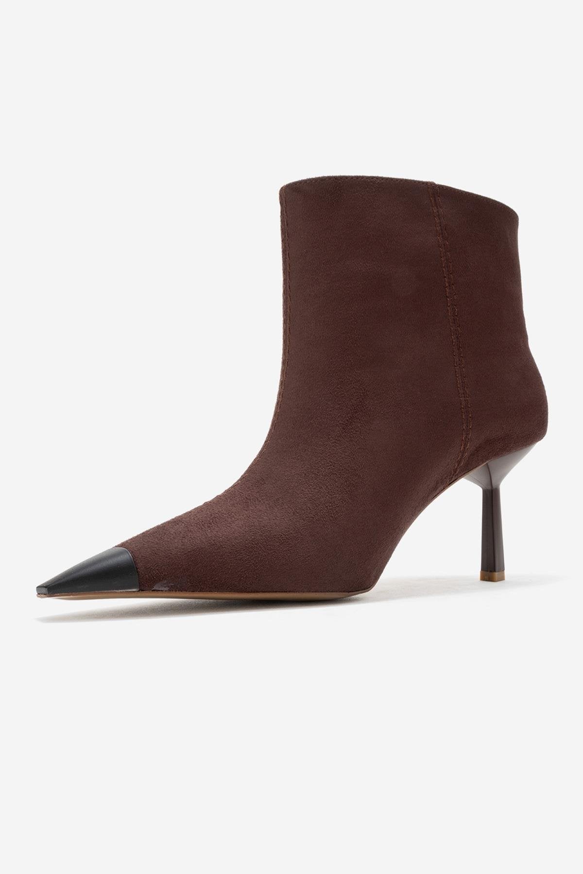 Rassel - Brown Suede Matte Toe Slim Heel Boot – heel view showing suede, Vowalisse