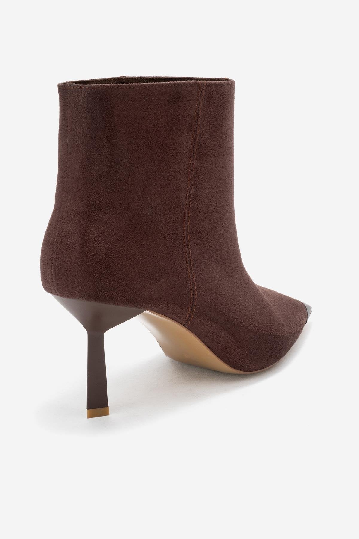 Rassel - Brown Suede Matte Toe Slim Heel Boot – back view showing suede, Vowalisse