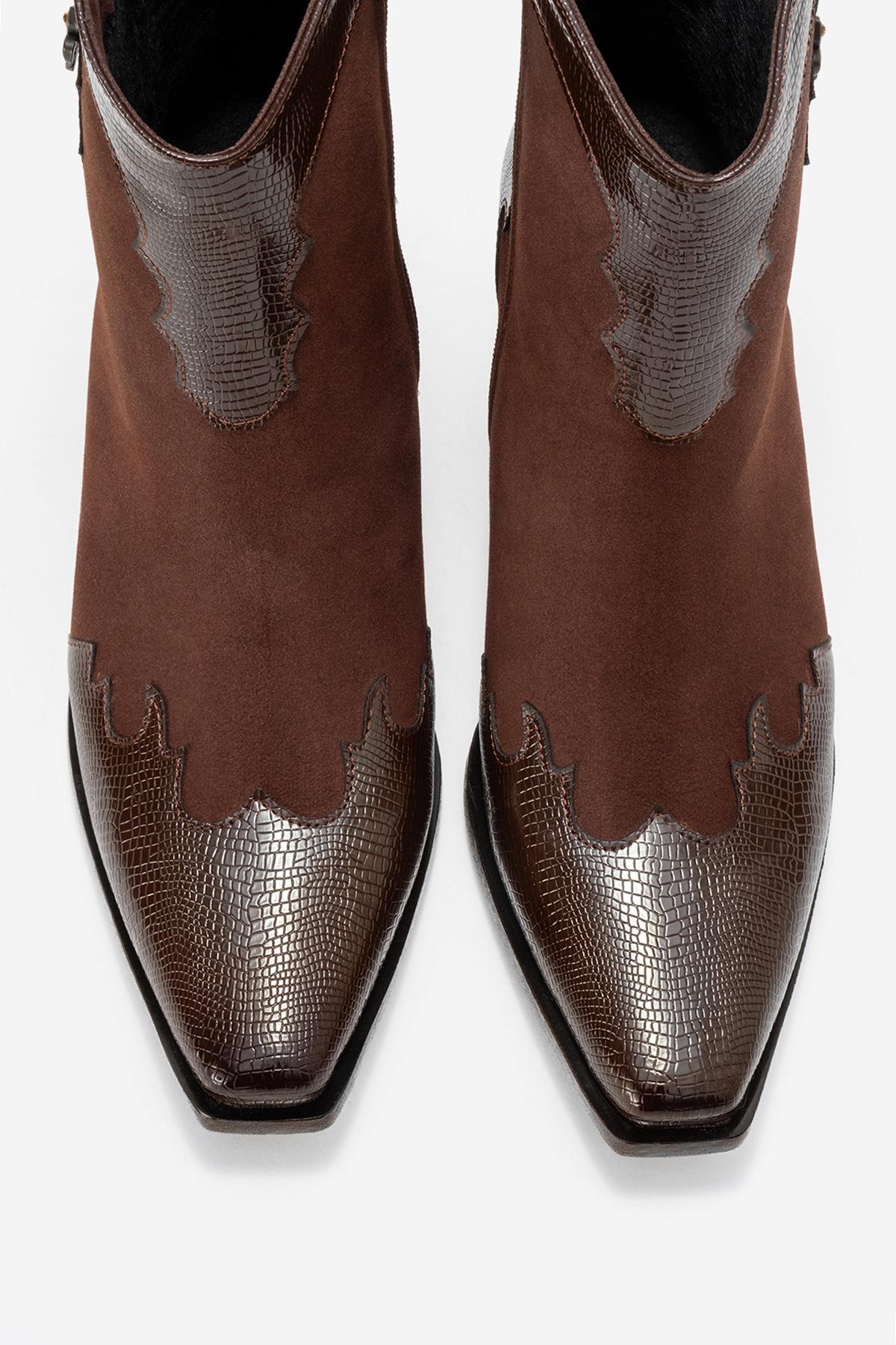 Loel - Brown Suede Patterned Chunky Western Boot – side view showing leather, suede, Vowalisse