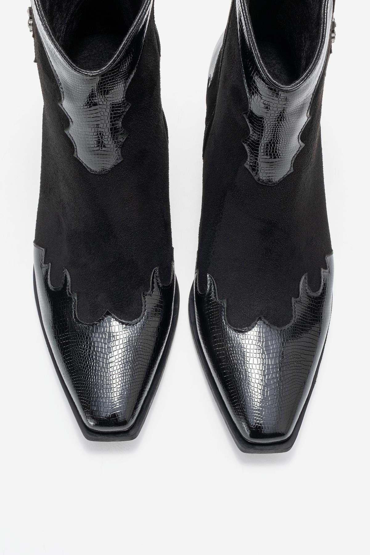 Loel - Black Suede Patterned Chunky Western Boot – side view showing leather, suede, black, Vowalisse