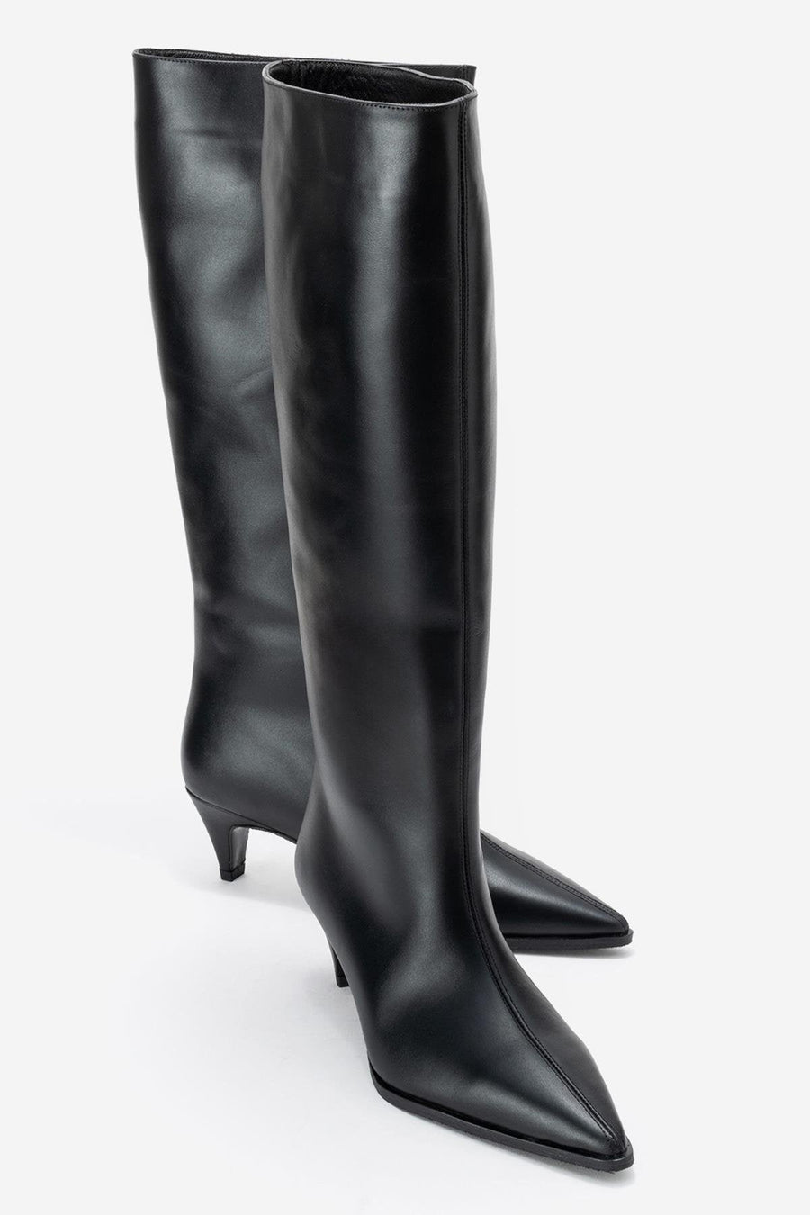 Siora - Black Genuine Leather Kitten Heel Knee-High Boot