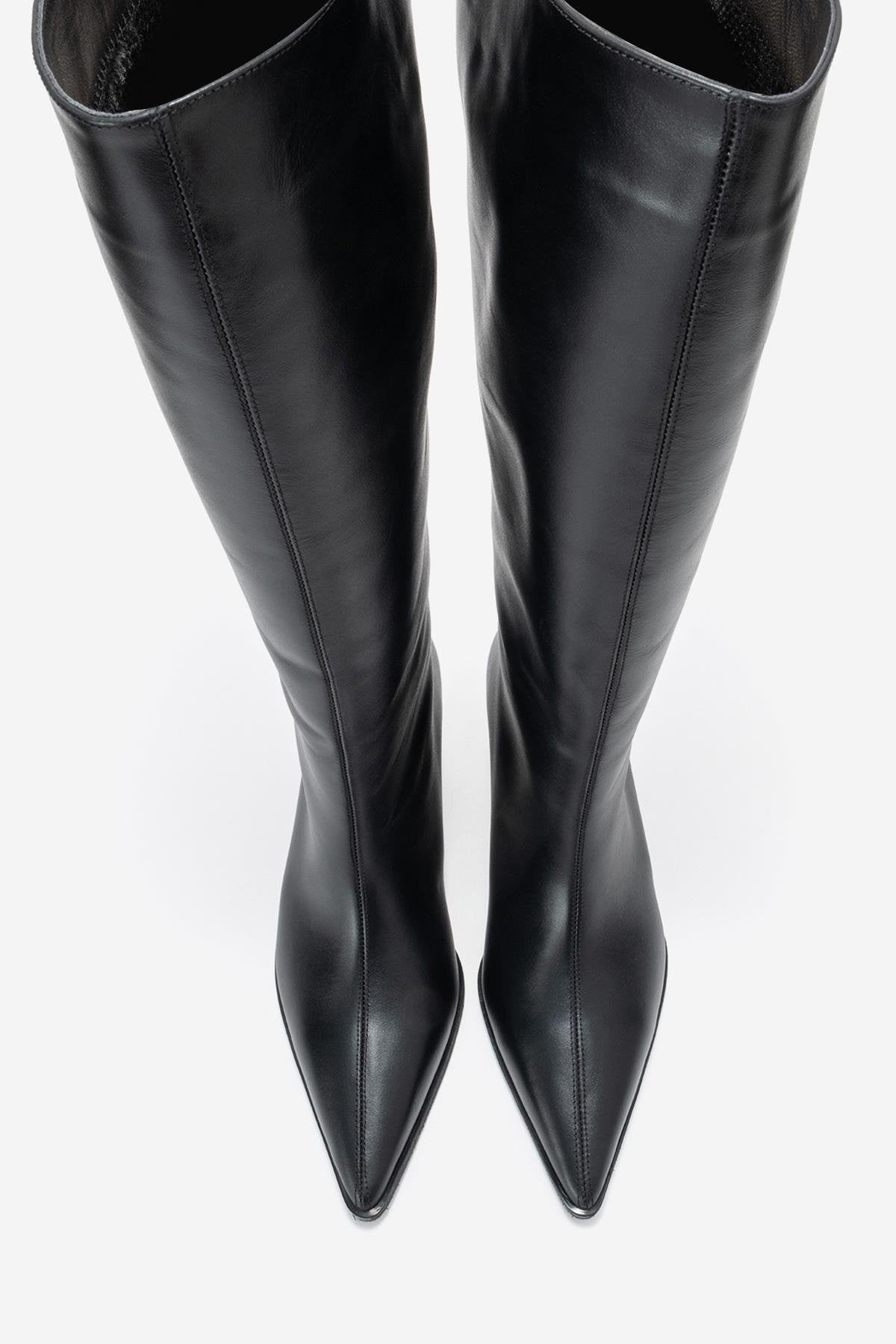 Siora - Black Genuine Leather Kitten Heel Knee-High Boot – side view showing leather, black, Vowalisse