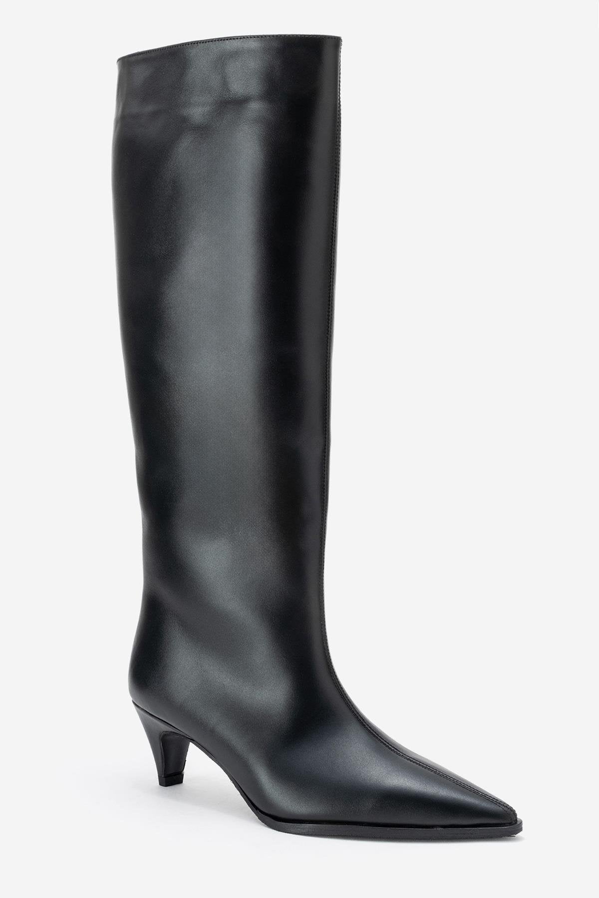 Siora - Black Genuine Leather Kitten Heel Knee-High Boot – detail view showing leather, black, Vowalisse