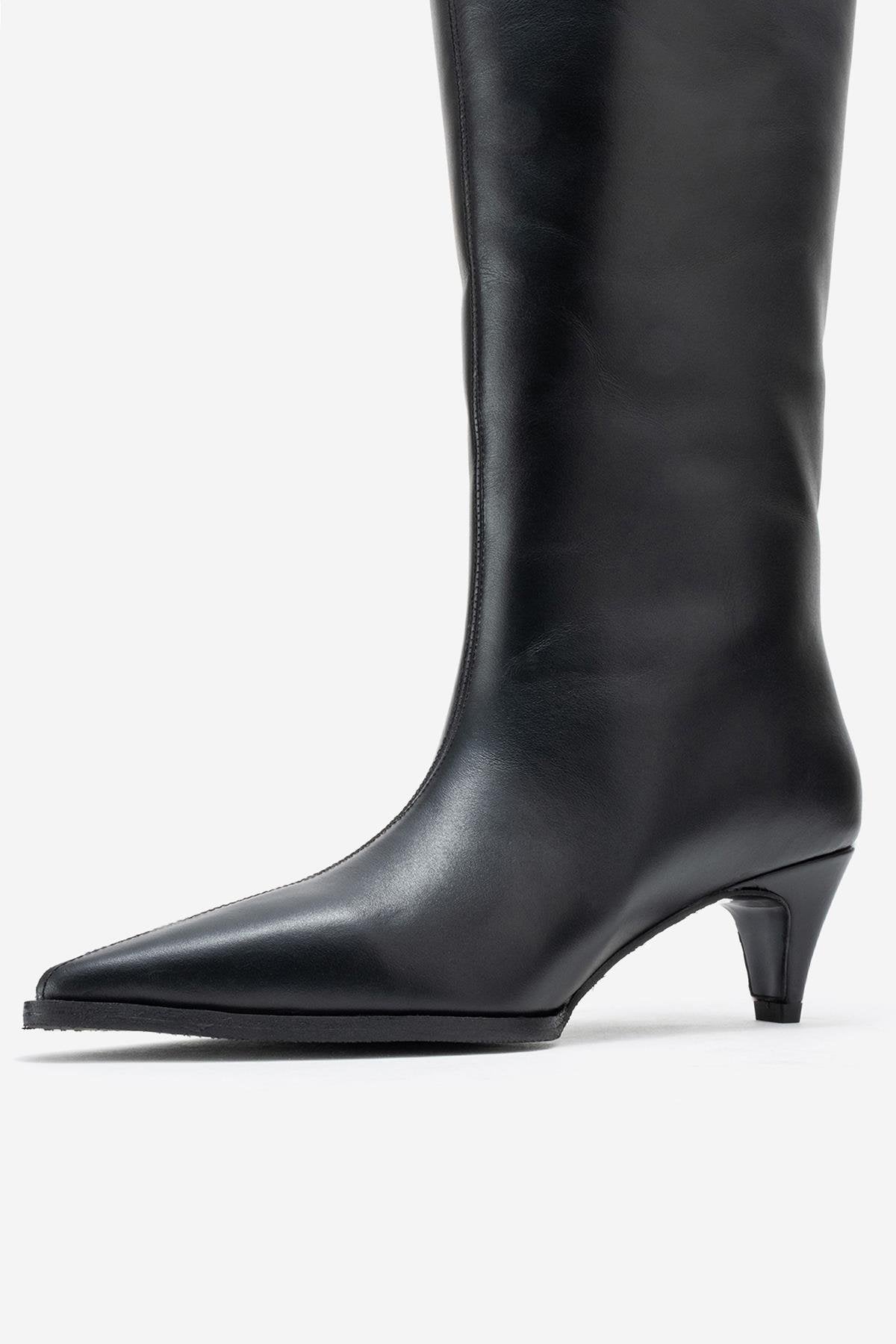 Siora - Black Genuine Leather Kitten Heel Knee-High Boot – heel view showing leather, black, Vowalisse