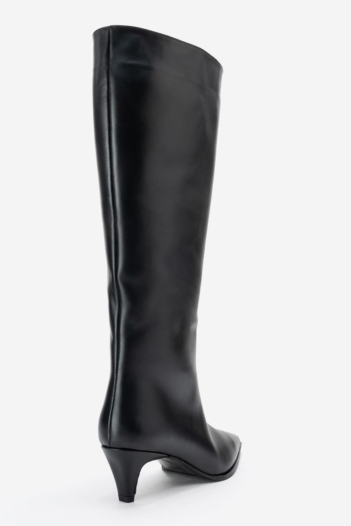 Siora - Black Genuine Leather Kitten Heel Knee-High Boot – back view showing leather, black, Vowalisse