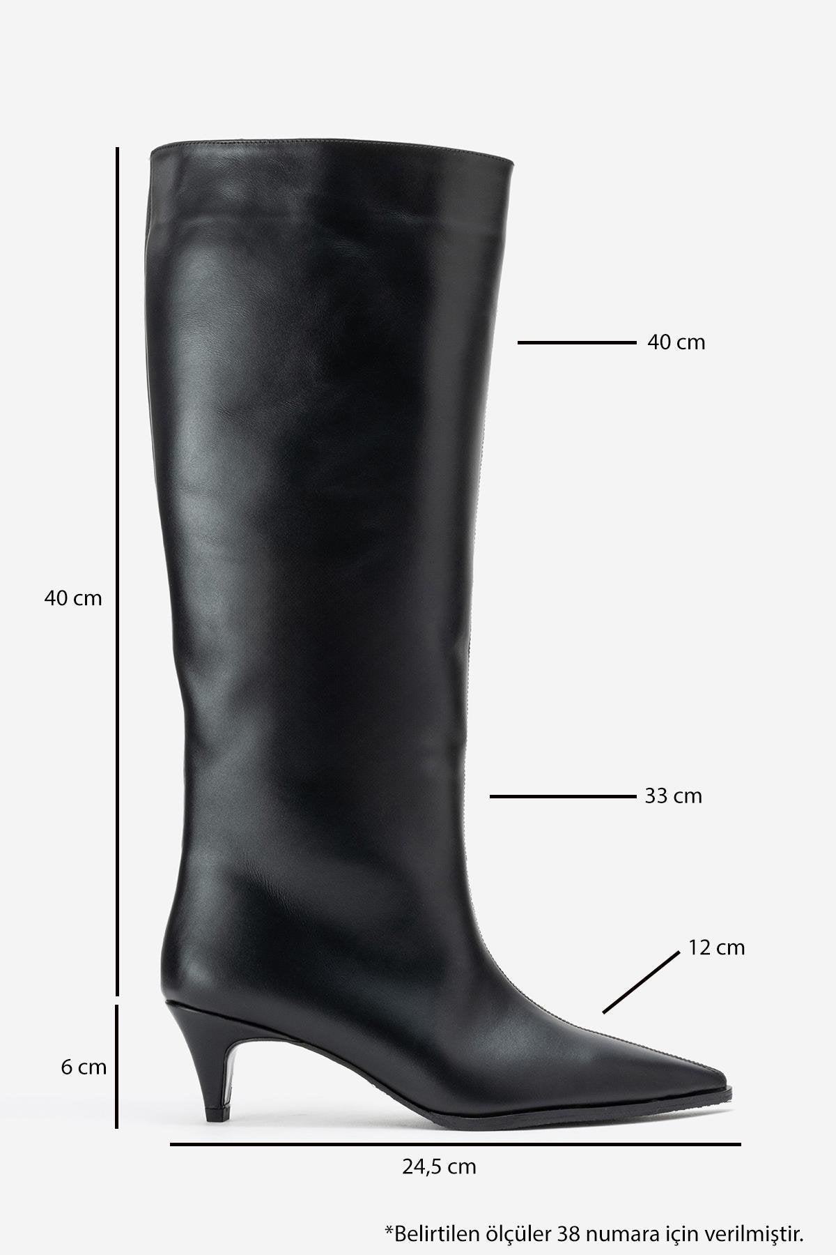 Siora - Black Genuine Leather Kitten Heel Knee-High Boot – top view showing leather, black, Vowalisse