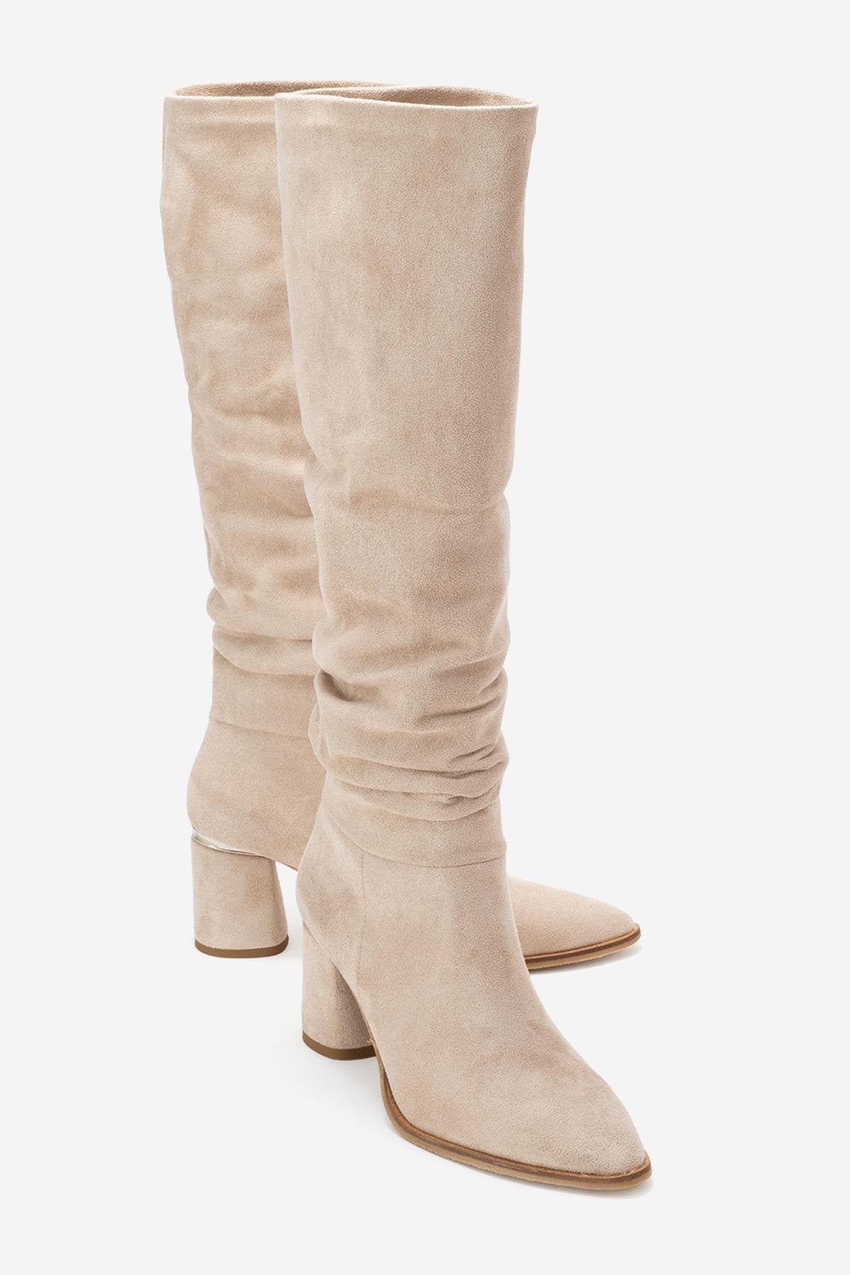 120 - Beige Suede Gusseted Block Heel Knee-High Boot – front three-quarter view showing leather, suede, red, Vowalisse