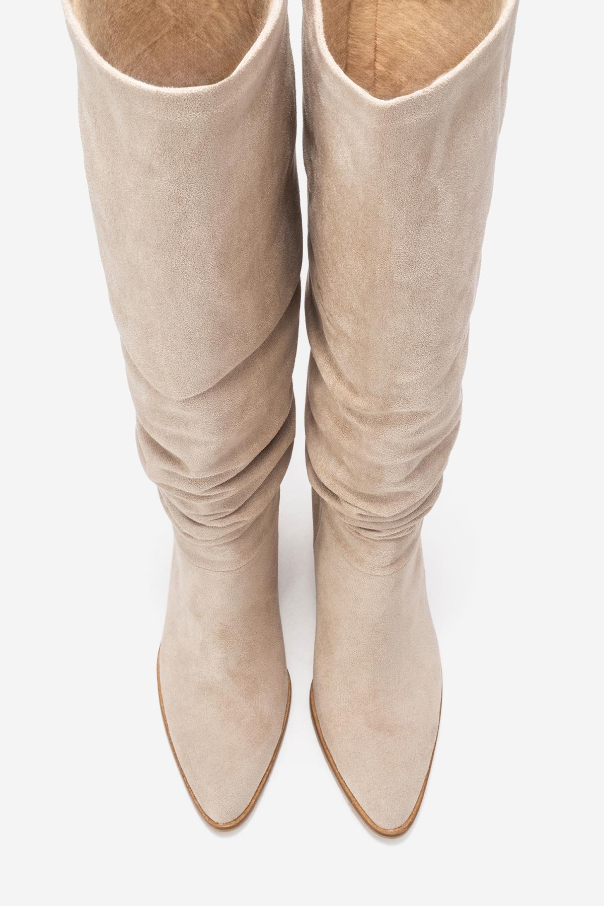 120 - Beige Suede Gusseted Block Heel Knee-High Boot – side view showing leather, suede, red, Vowalisse