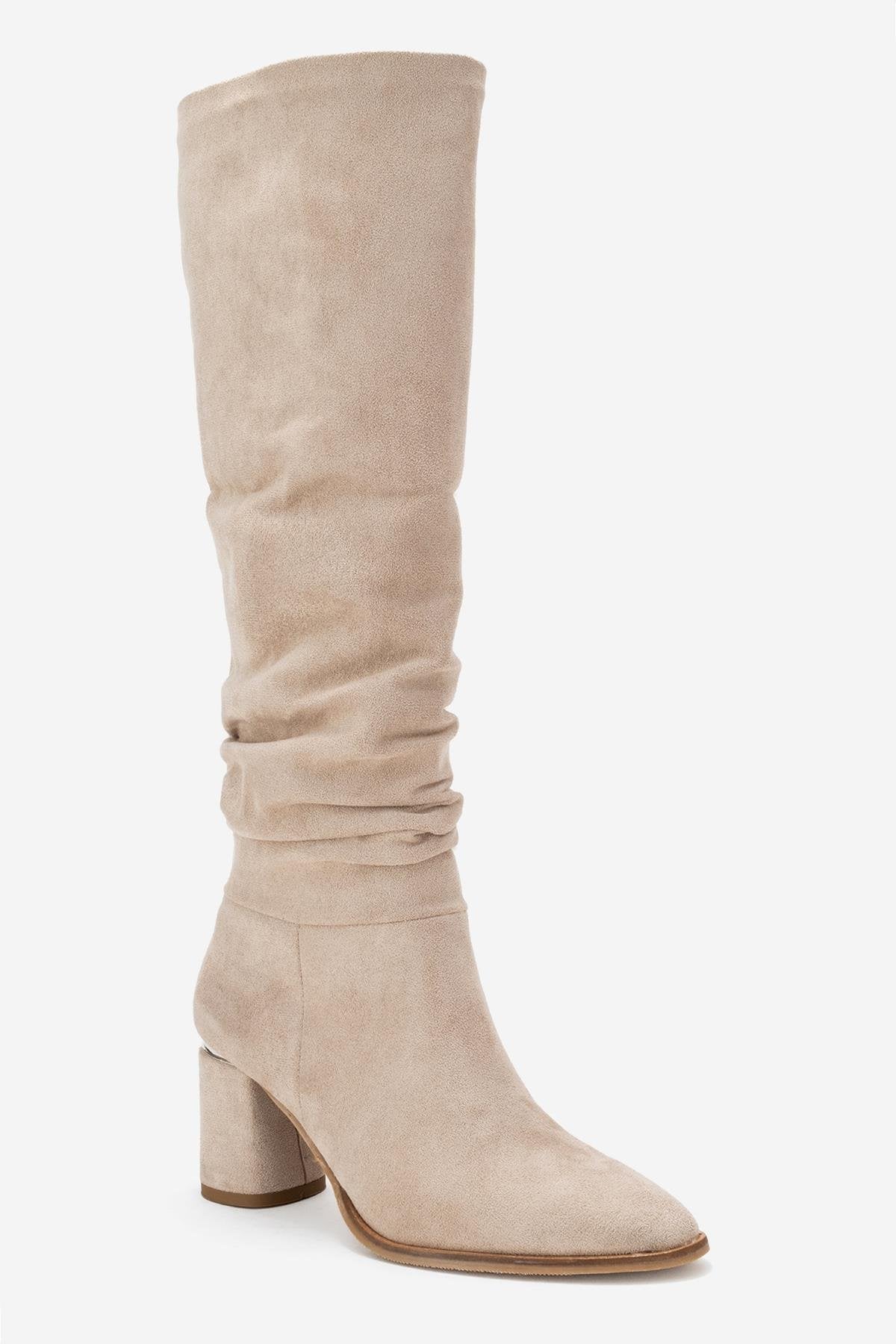 120 - Beige Suede Gusseted Block Heel Knee-High Boot – detail view showing leather, suede, red, Vowalisse