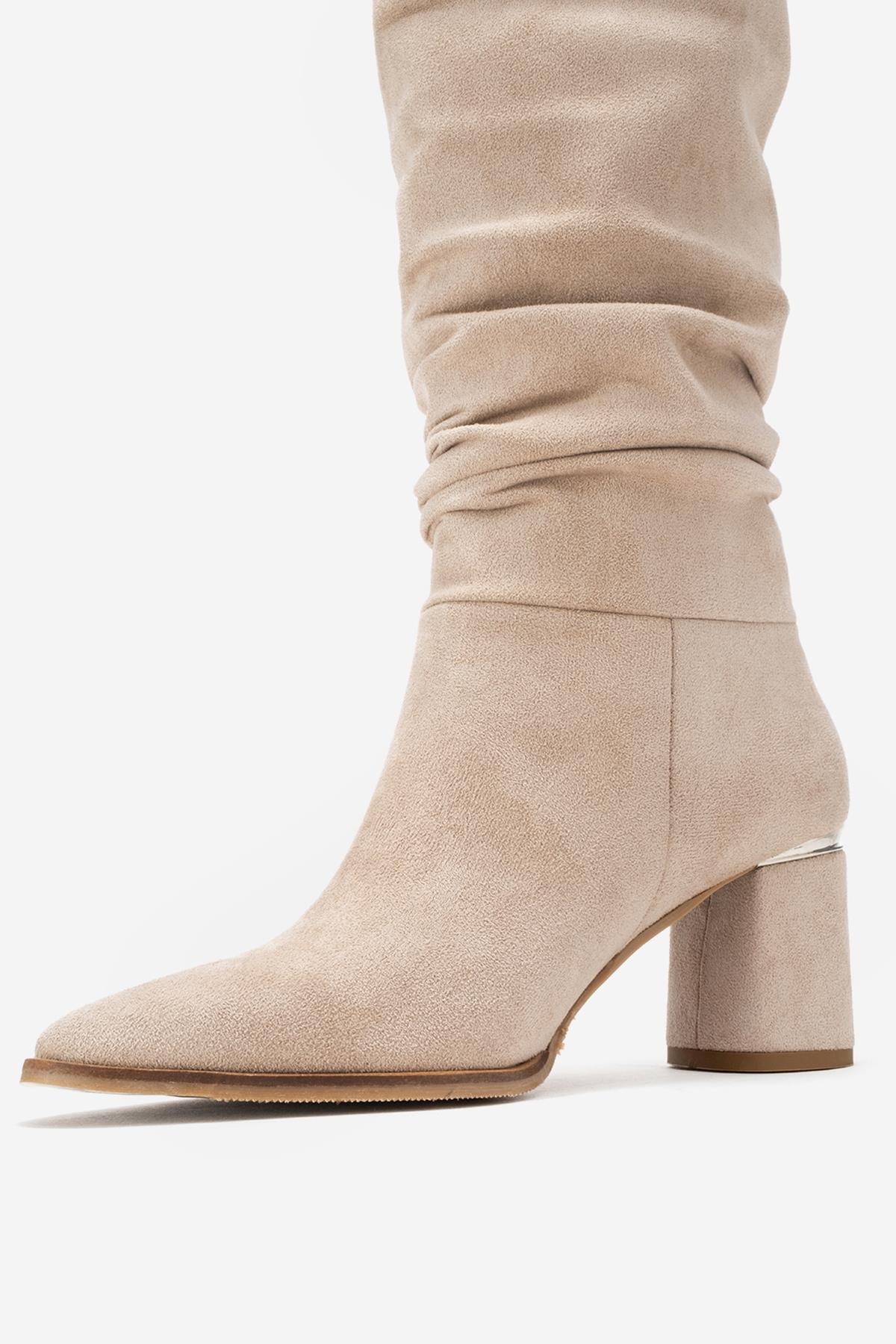 120 - Beige Suede Gusseted Block Heel Knee-High Boot – heel view showing leather, suede, red, Vowalisse