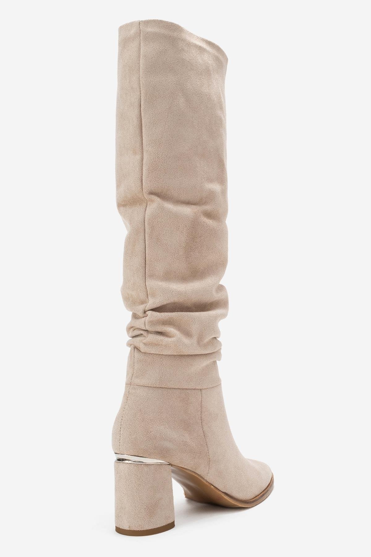 120 - Beige Suede Gusseted Block Heel Knee-High Boot – back view showing leather, suede, red, Vowalisse