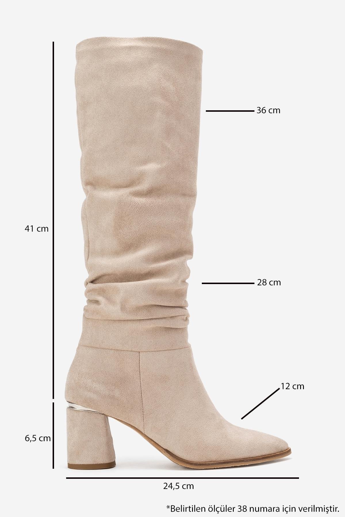 120 - Beige Suede Gusseted Block Heel Knee-High Boot – top view showing leather, suede, red, Vowalisse
