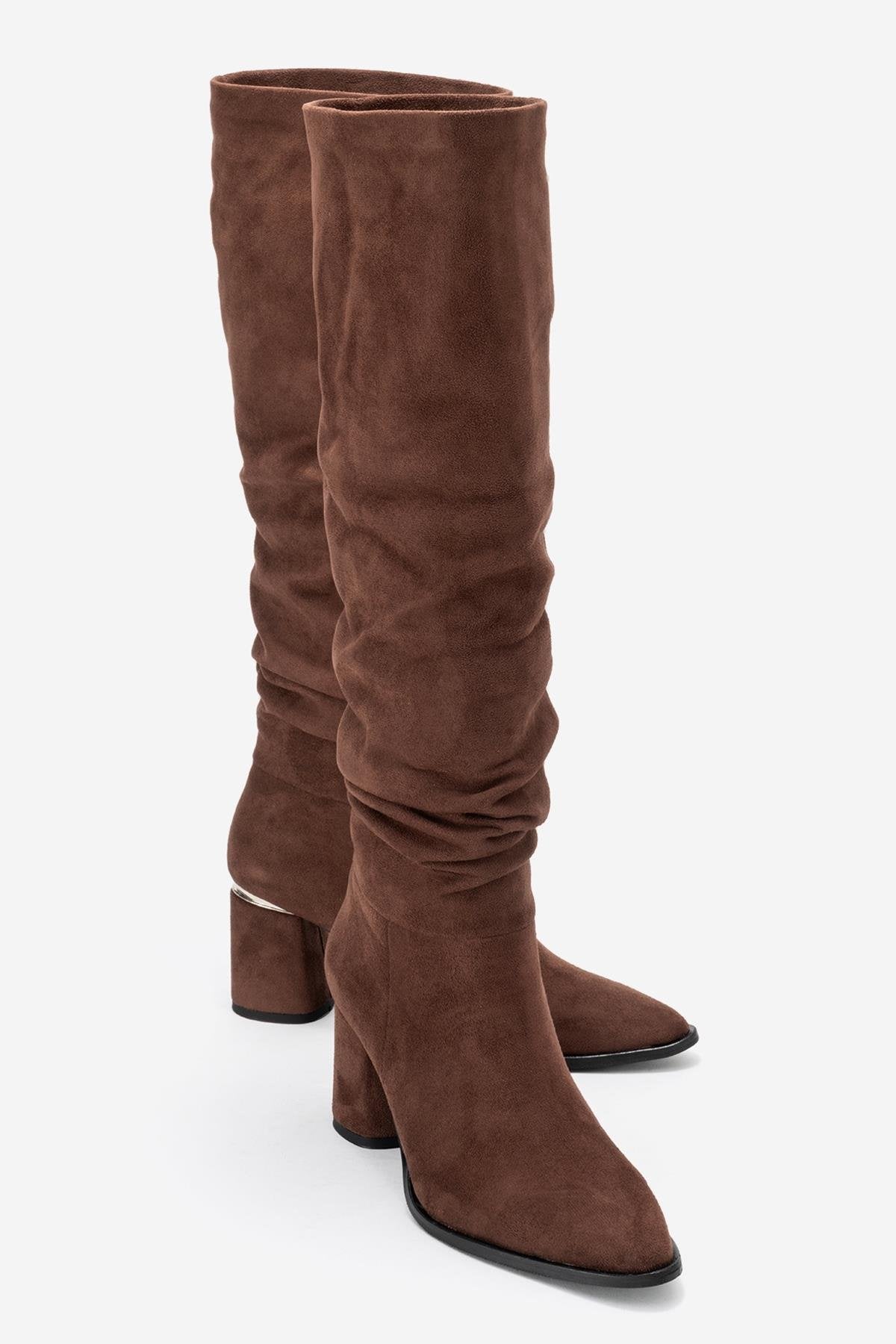 120 - Brown Suede Gusseted Block Heel Knee-High Boot – front three-quarter view showing suede, Vowalisse