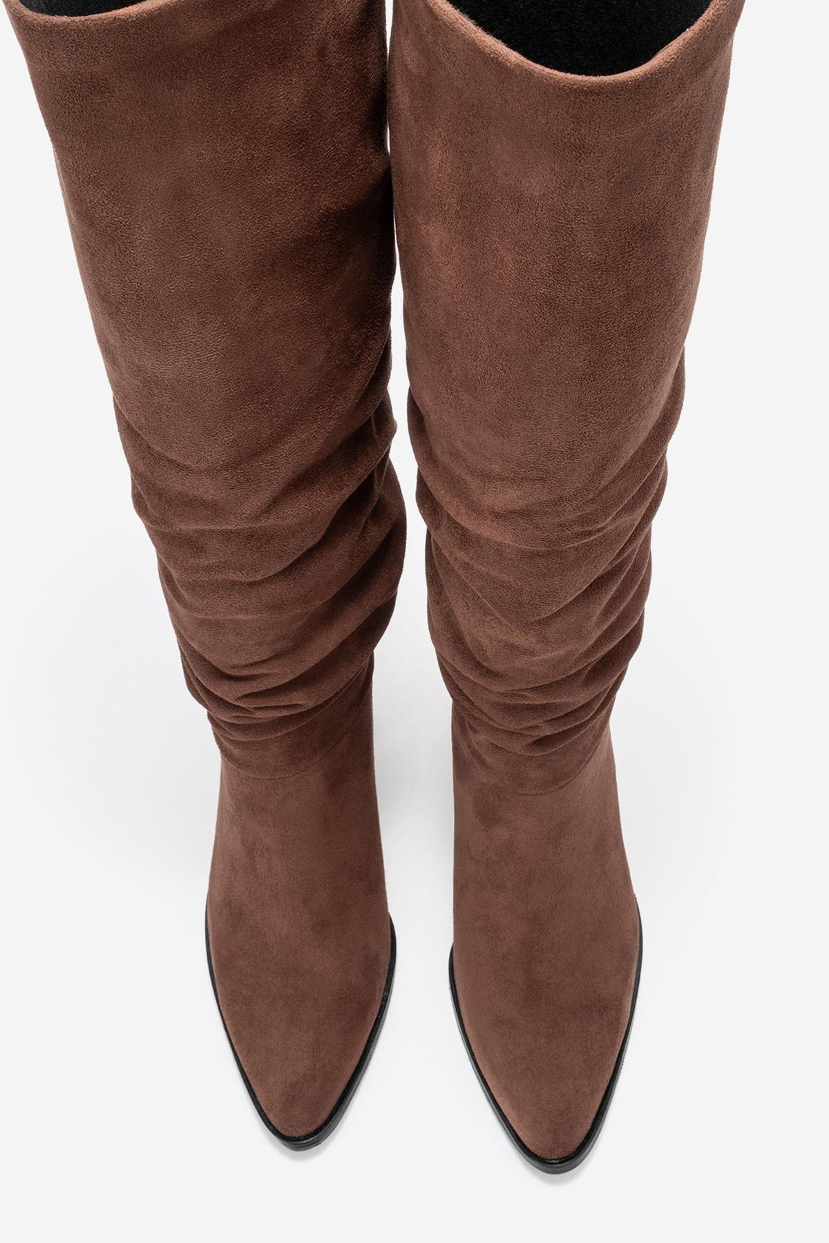 120 - Brown Suede Gusseted Block Heel Knee-High Boot – side view showing suede, Vowalisse