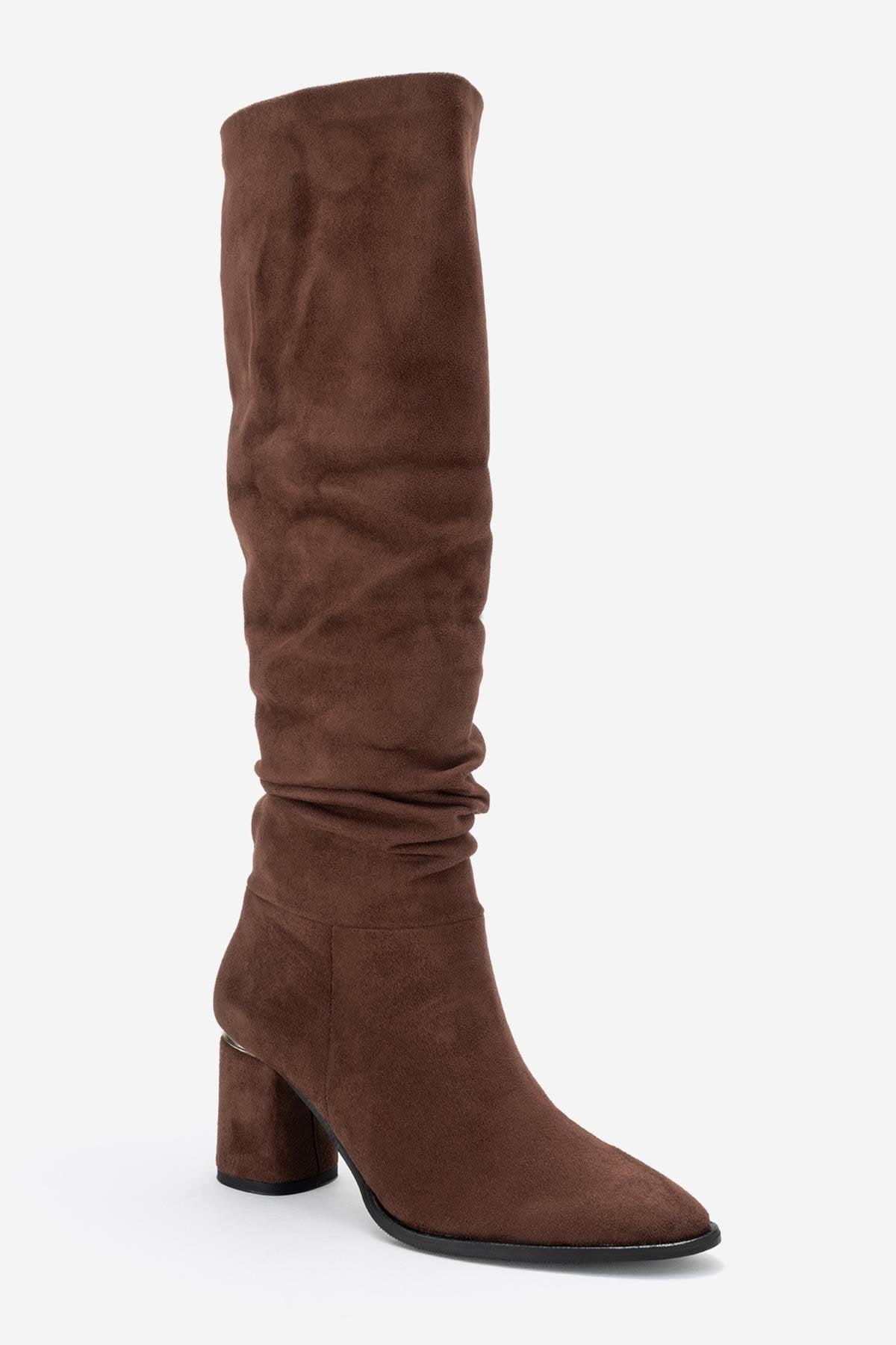 120 - Brown Suede Gusseted Block Heel Knee-High Boot – detail view showing suede, Vowalisse
