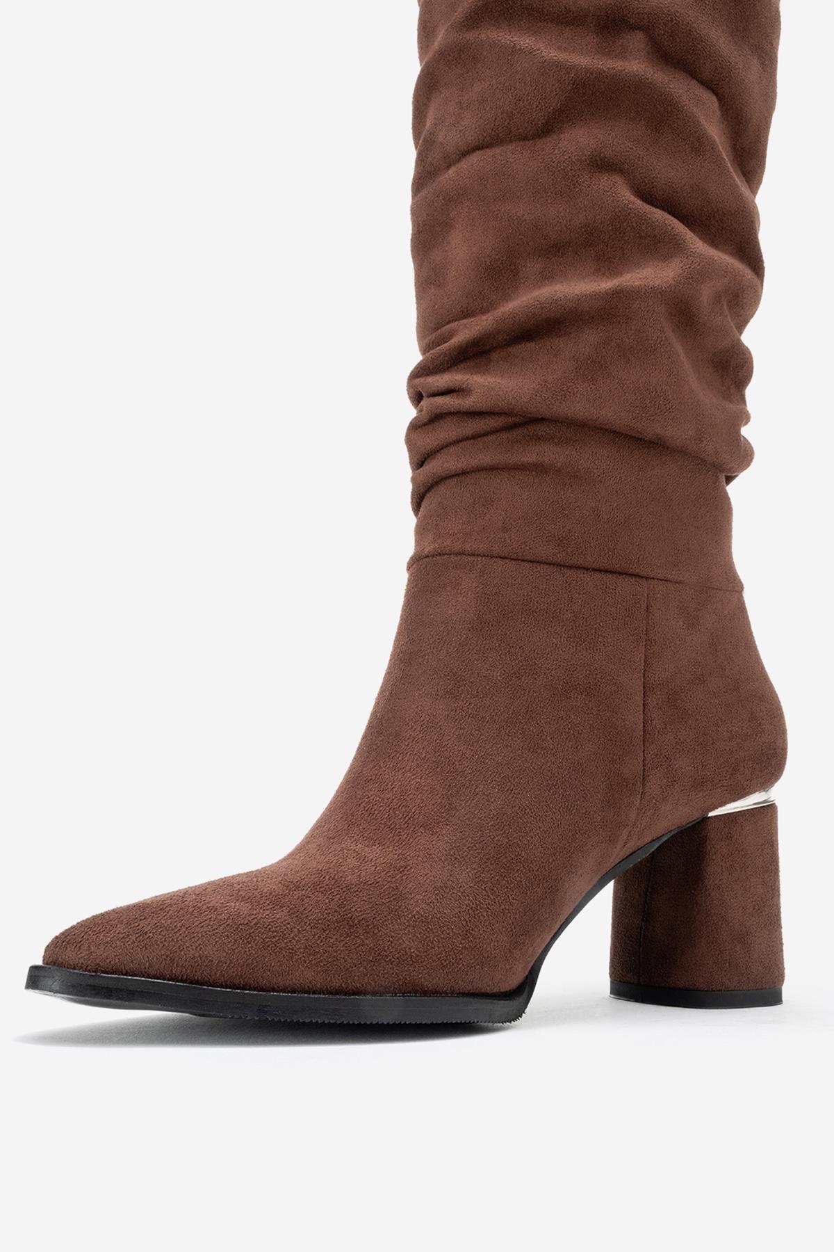 120 - Brown Suede Gusseted Block Heel Knee-High Boot – heel view showing suede, Vowalisse