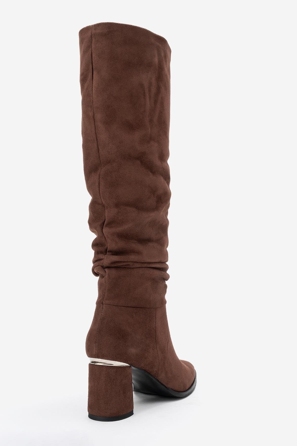 120 - Brown Suede Gusseted Block Heel Knee-High Boot – back view showing suede, Vowalisse