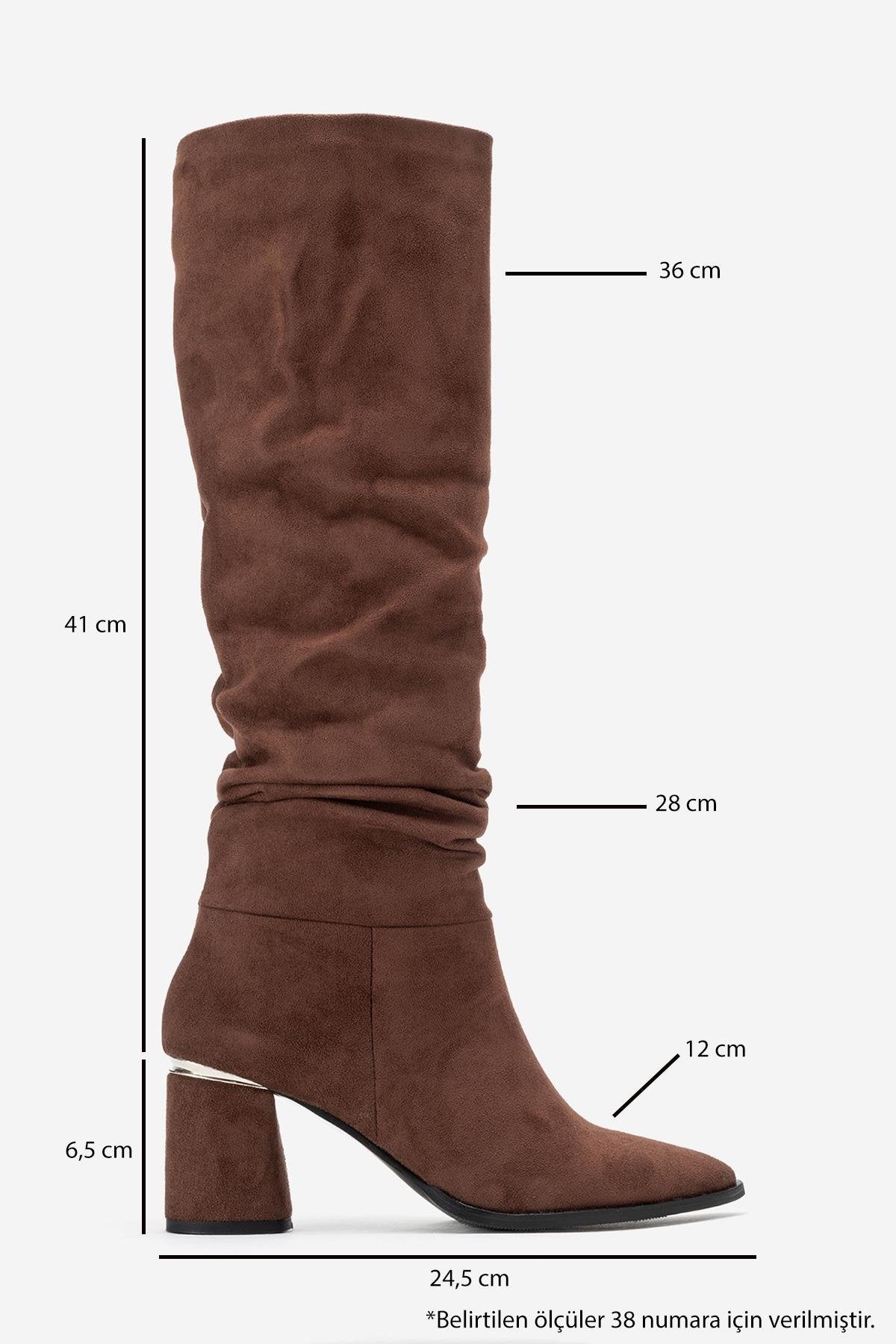 120 - Brown Suede Gusseted Block Heel Knee-High Boot – top view showing suede, Vowalisse